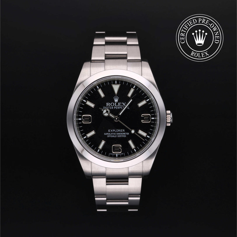 Rolex Certified Pre-owned Explorer M214270-0001 front on black background