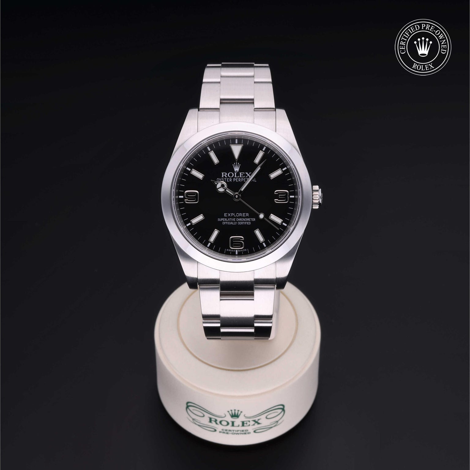 Rolex Certified Pre-owned Explorer M214270-0001 front on black background