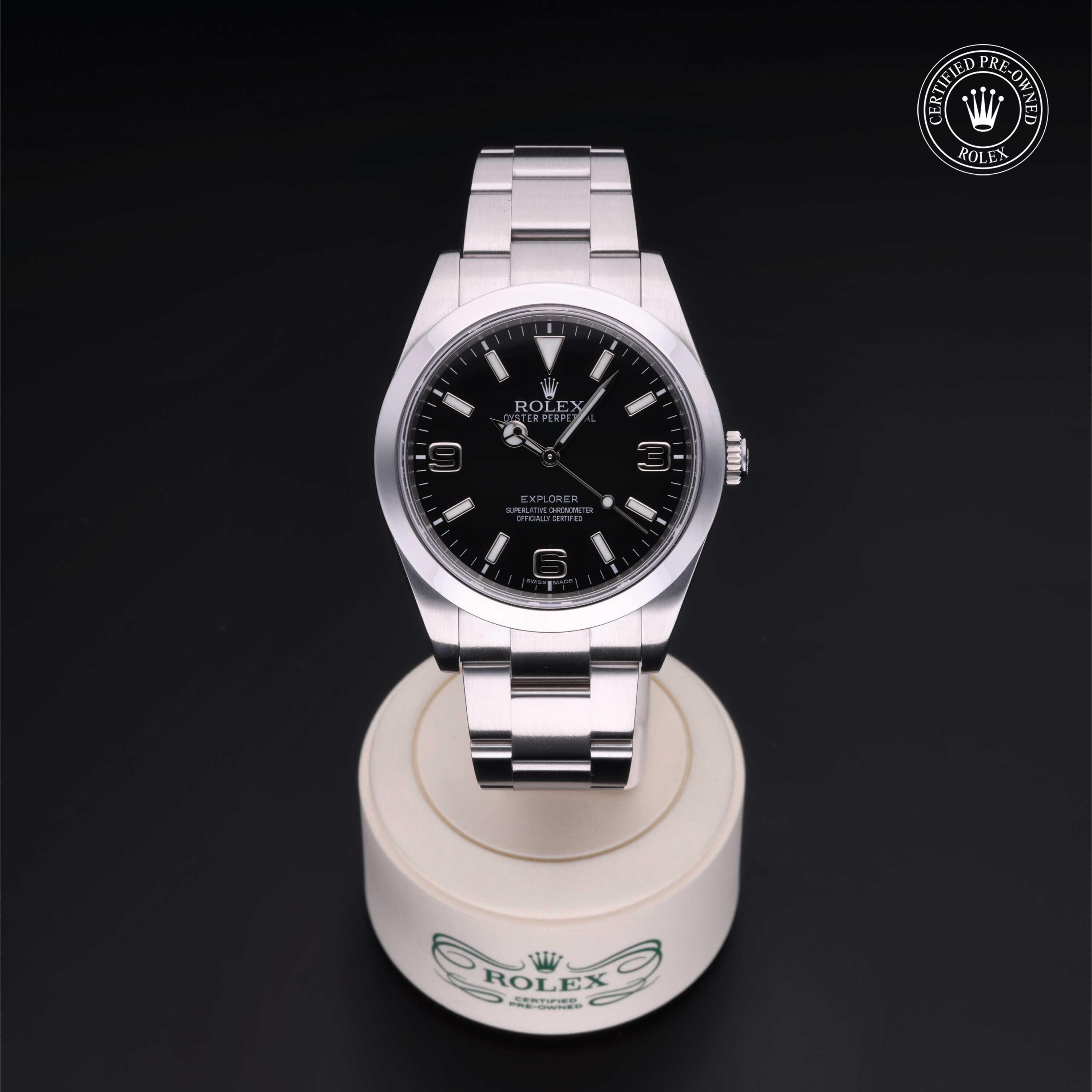 Rolex Certified Pre-owned Explorer M214270-0001 front on black background