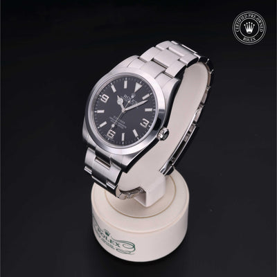 Rolex Certified Pre-owned Explorer M214270-0001 front on black background