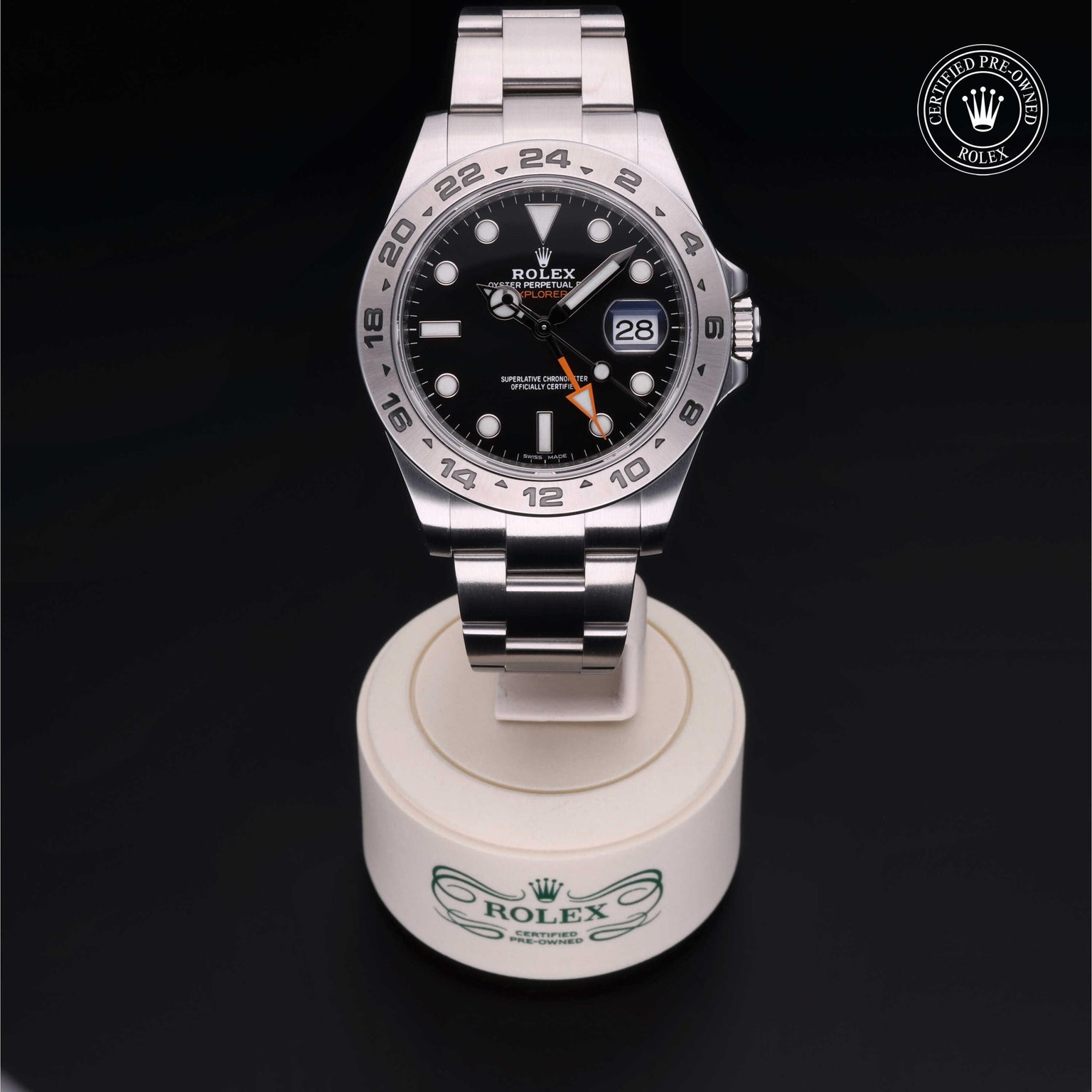 Rolex Certified Pre-owned Explorer M216570-0002 front on black background