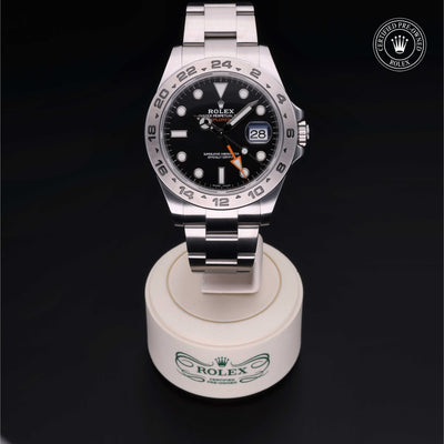Rolex Certified Pre-owned Explorer M216570-0002 front on black background