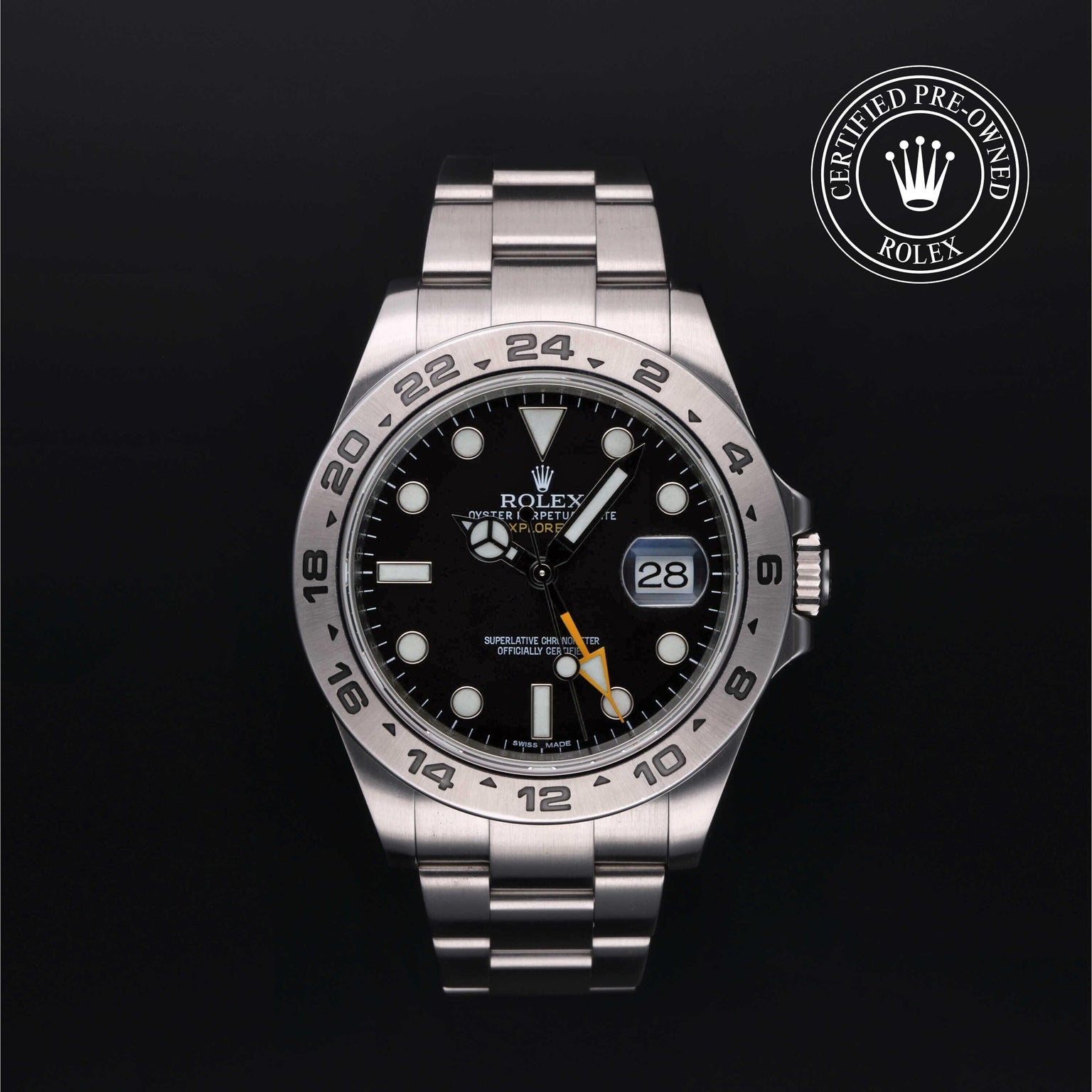 Rolex Certified Pre-owned Explorer M216570-0002 front on black background