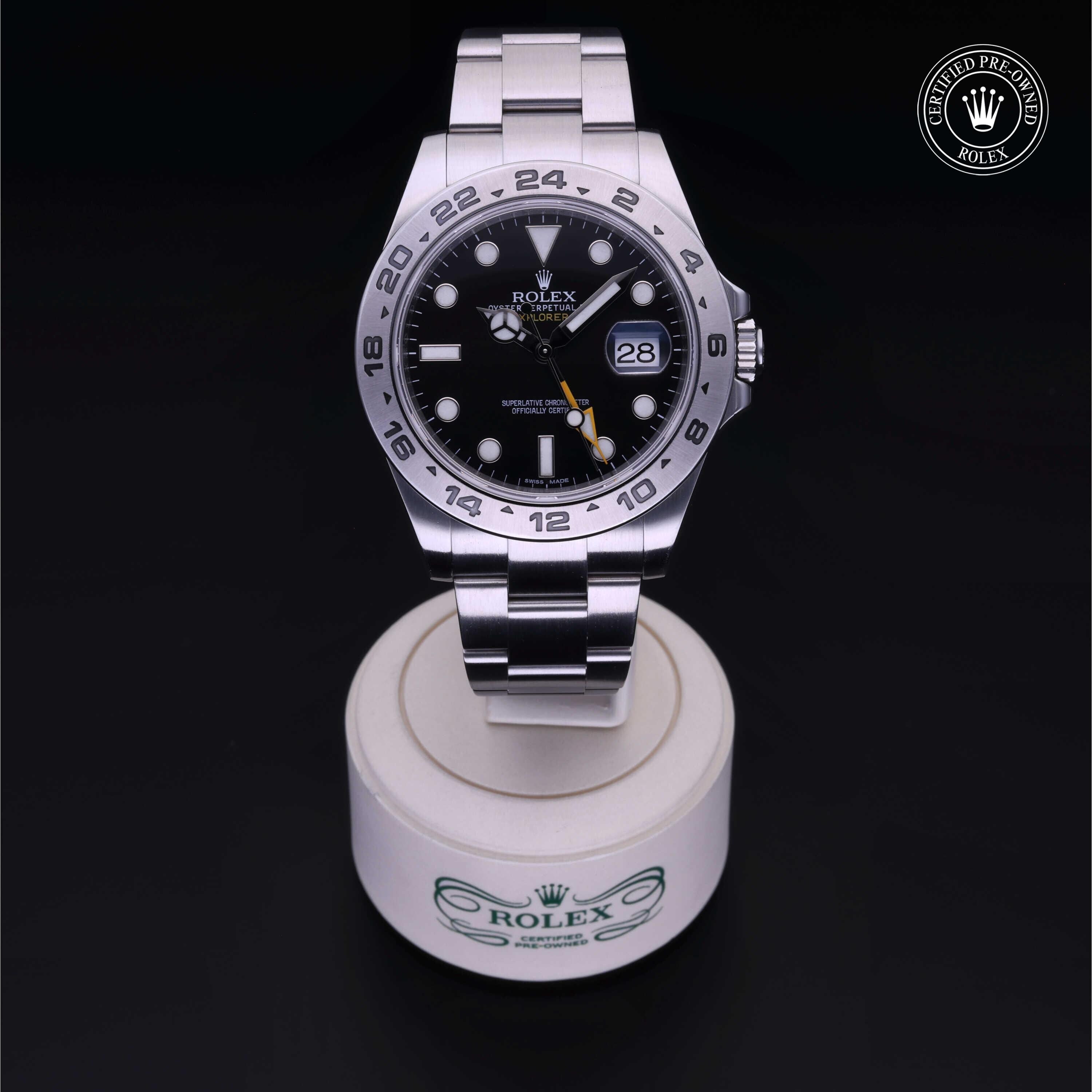 Rolex Certified Pre-owned Explorer M216570-0002 front on black background