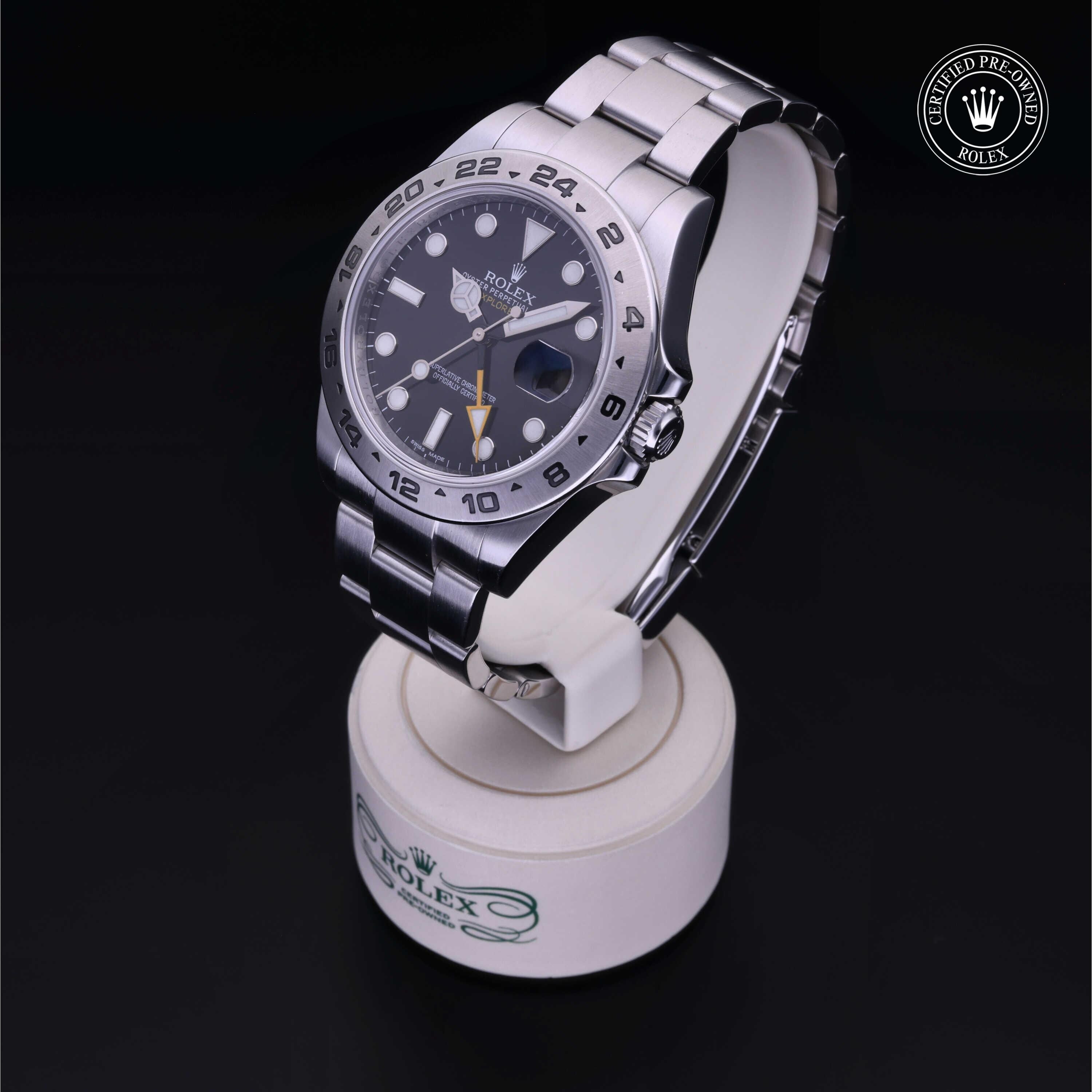 Rolex Certified Pre-owned Explorer M216570-0002 front on black background