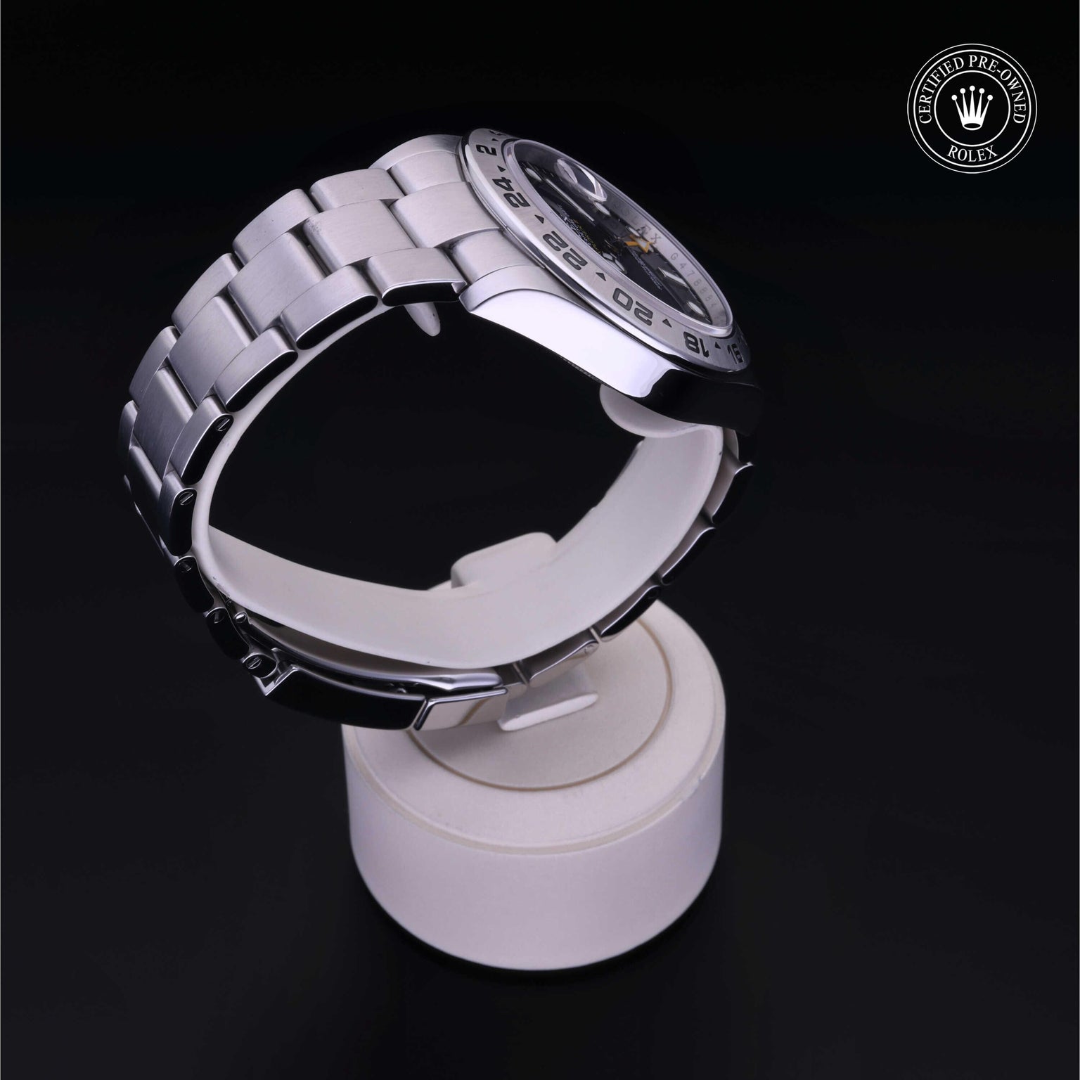 Rolex Certified Pre-owned Explorer M216570-0002 front on black background