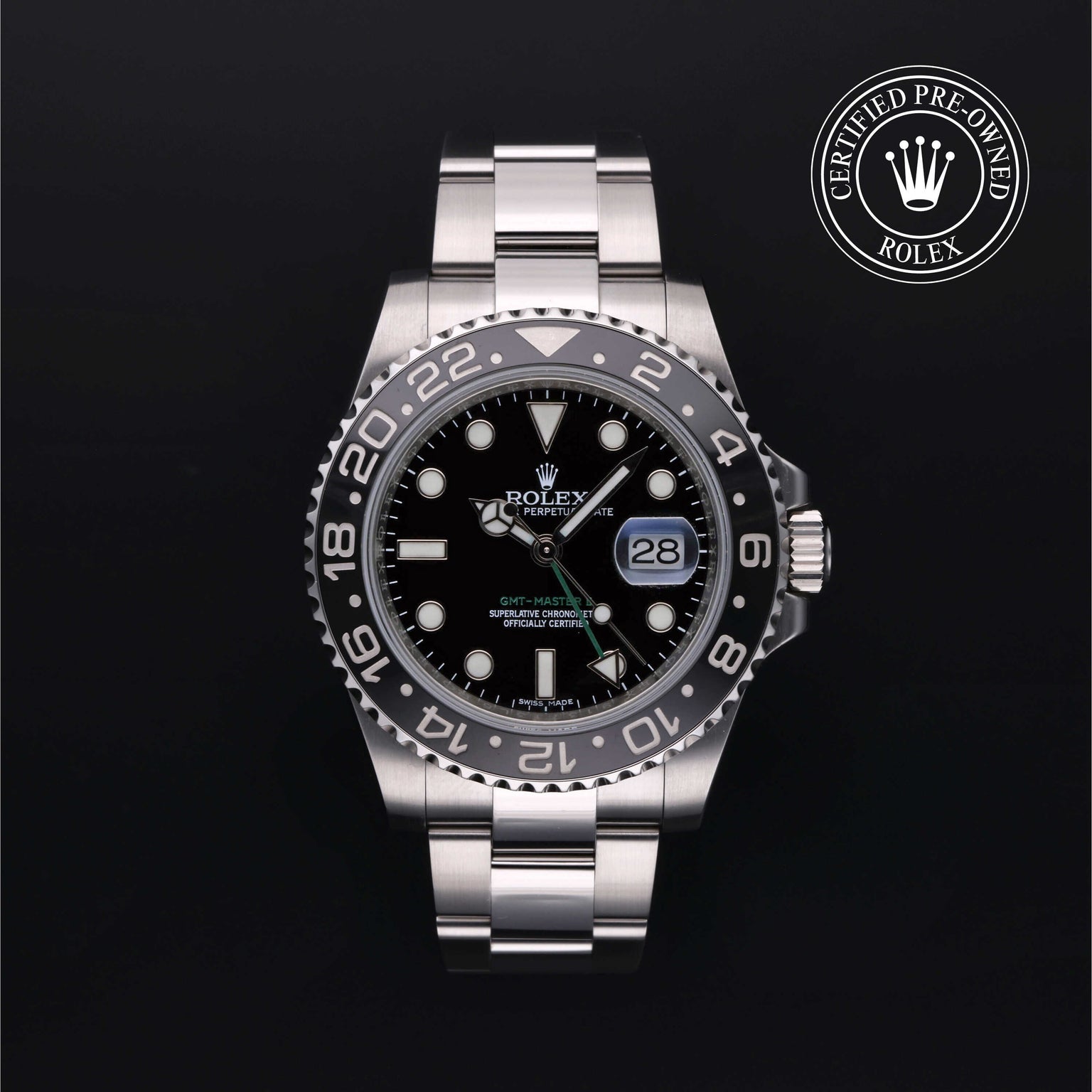 Rolex Certified Pre-owned GMT M116710LN-0001 front on black background