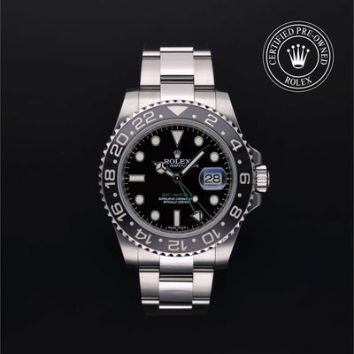 Rolex Certified Pre-owned GMT M116710LN-0001 front on black background