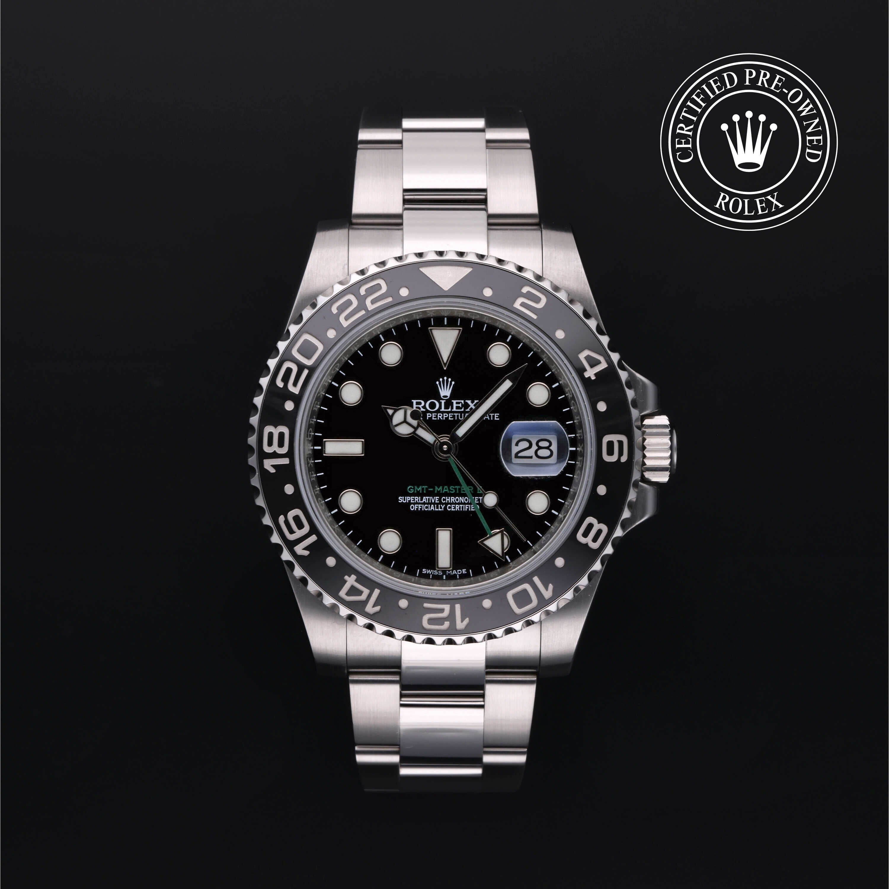Rolex Certified Pre-owned GMT M116710LN-0001 front on black background