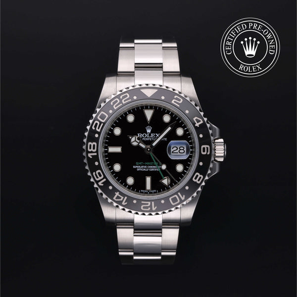 Rolex Certified Pre-owned GMT M116710LN-0001 front on black background