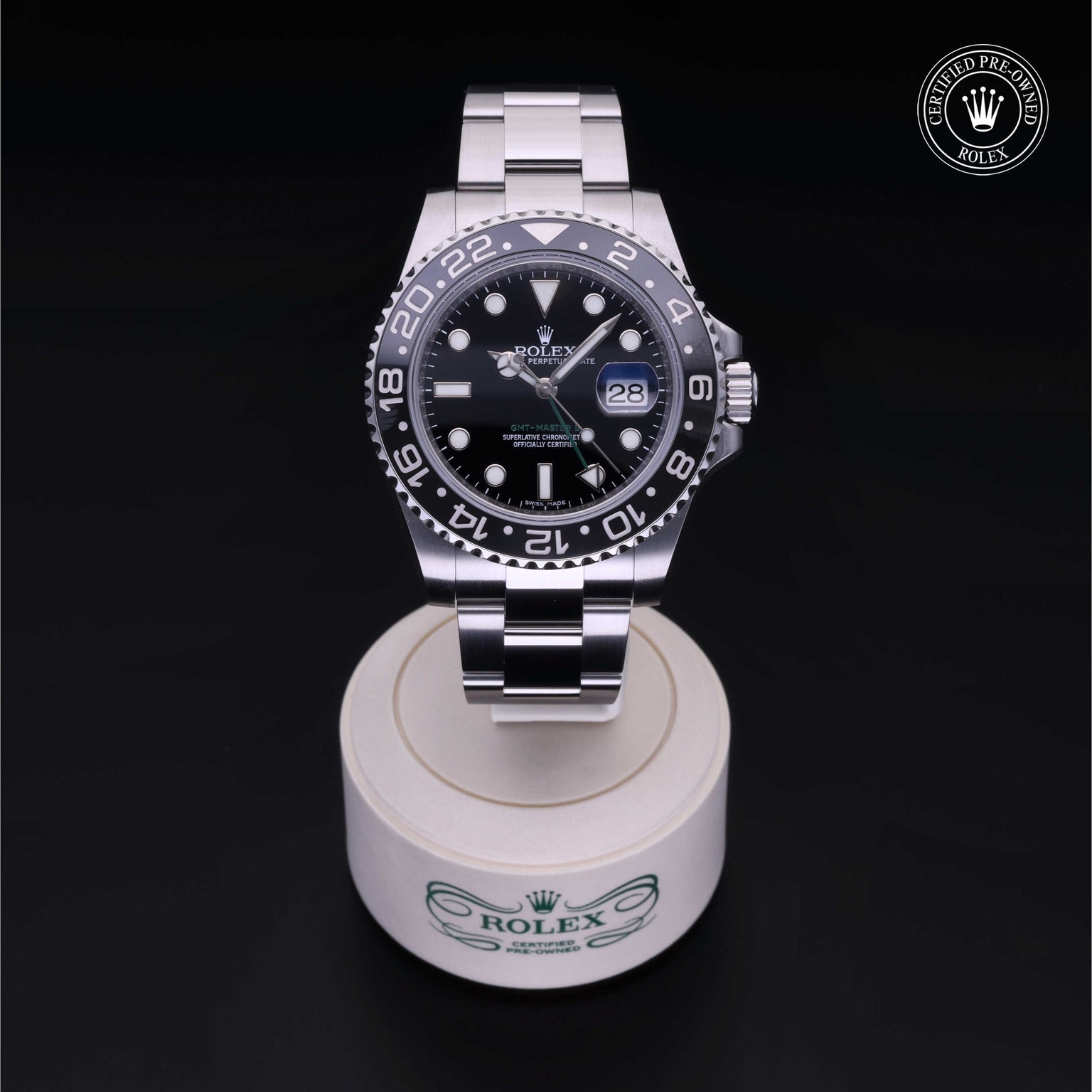 Rolex Certified Pre-owned GMT M116710LN-0001 front on black background
