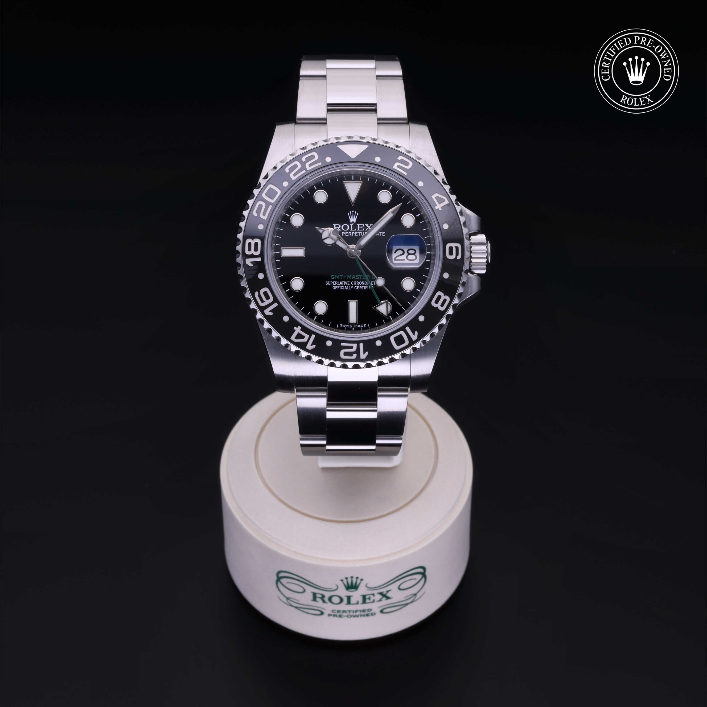 Rolex Certified Pre-owned GMT M116710LN-0001 front on black background