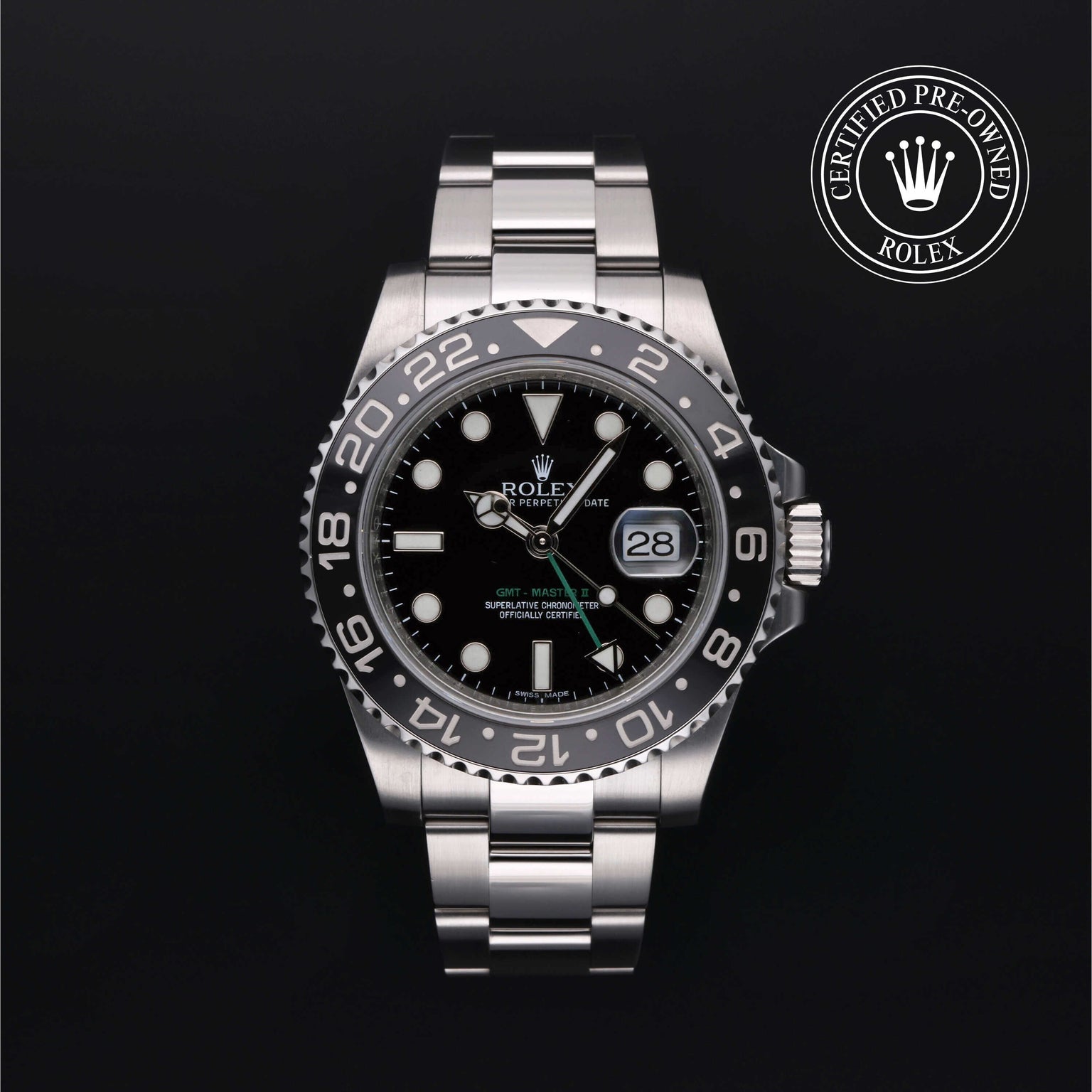 Rolex Certified Pre-owned GMT M116710LN-0001 front on black background