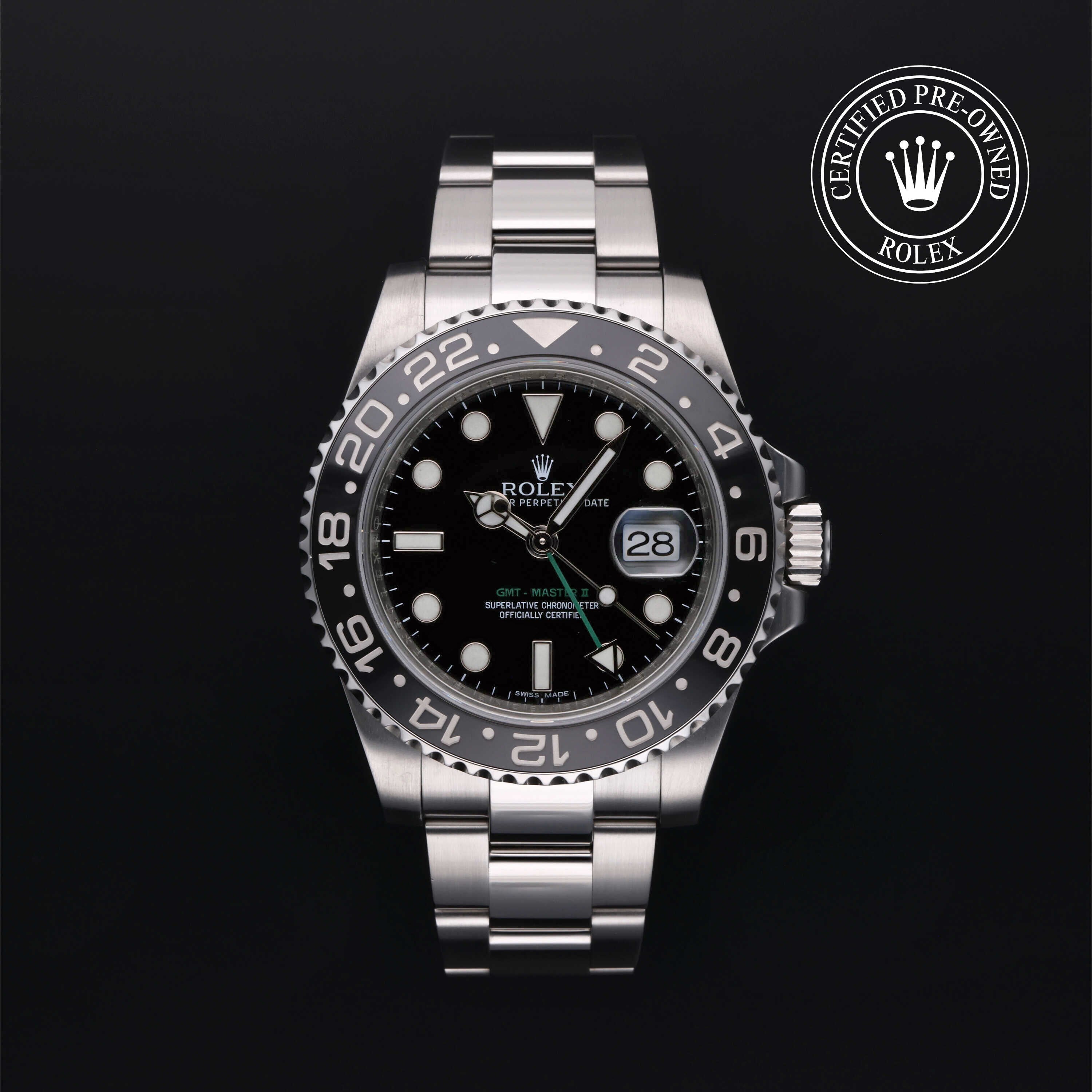 Rolex Certified Pre-owned GMT M116710LN-0001 front on black background