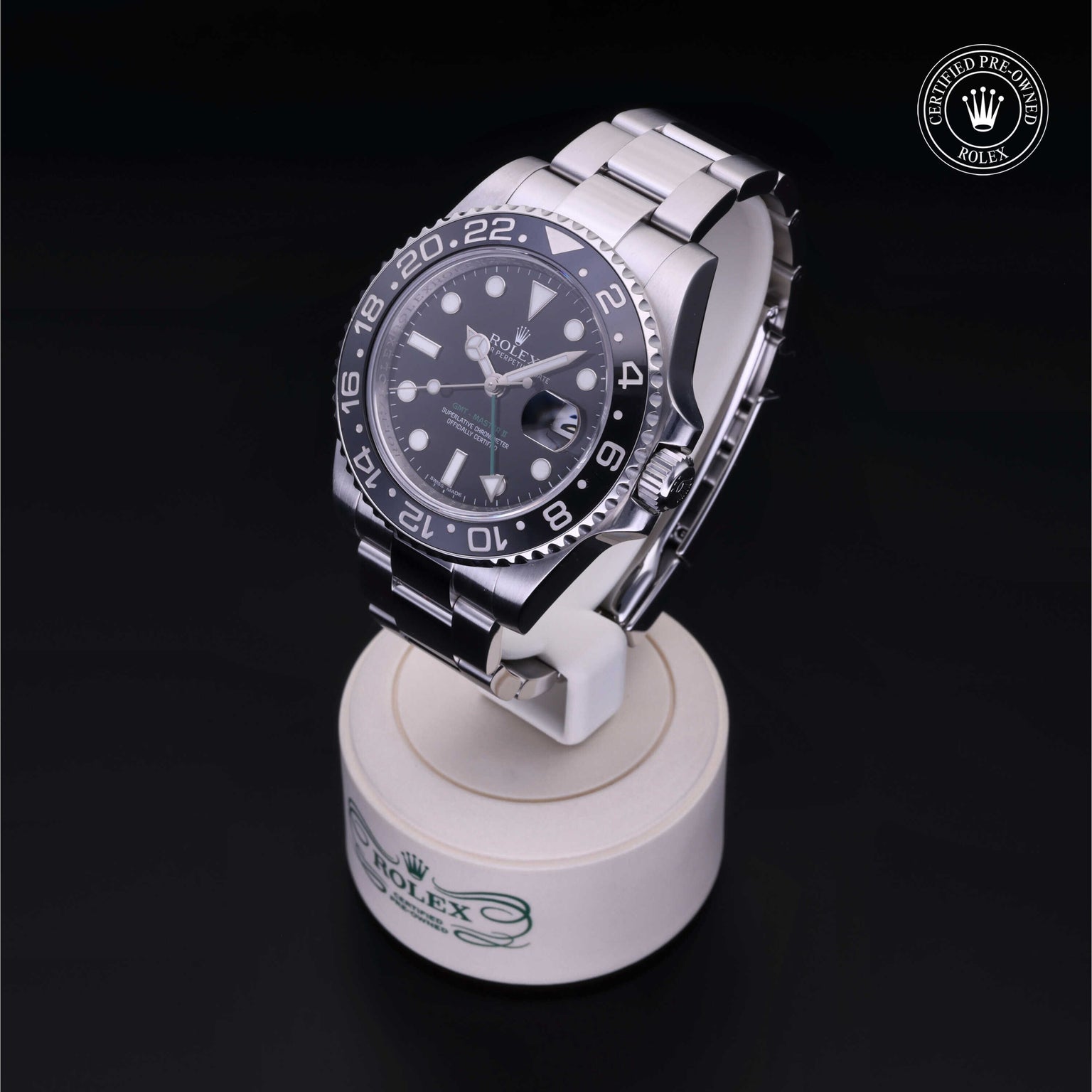 Rolex Certified Pre-owned GMT M116710LN-0001 front on black background