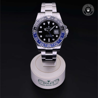 Rolex Certified Pre-owned GMT M116710BLNR-0002 front on black background