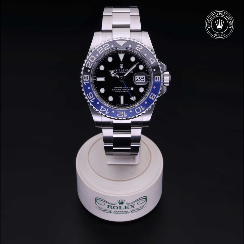 Rolex Certified Pre-owned GMT M116710BLNR-0002 front on black background