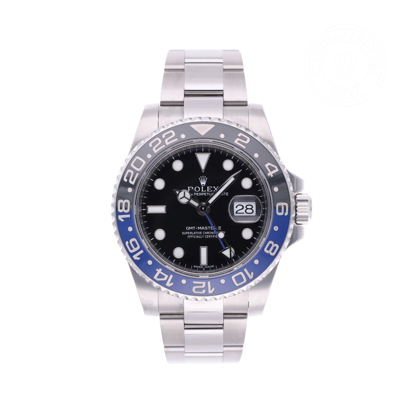 Rolex Certified Pre-owned GMT M116710BLNR-0002 front on white background