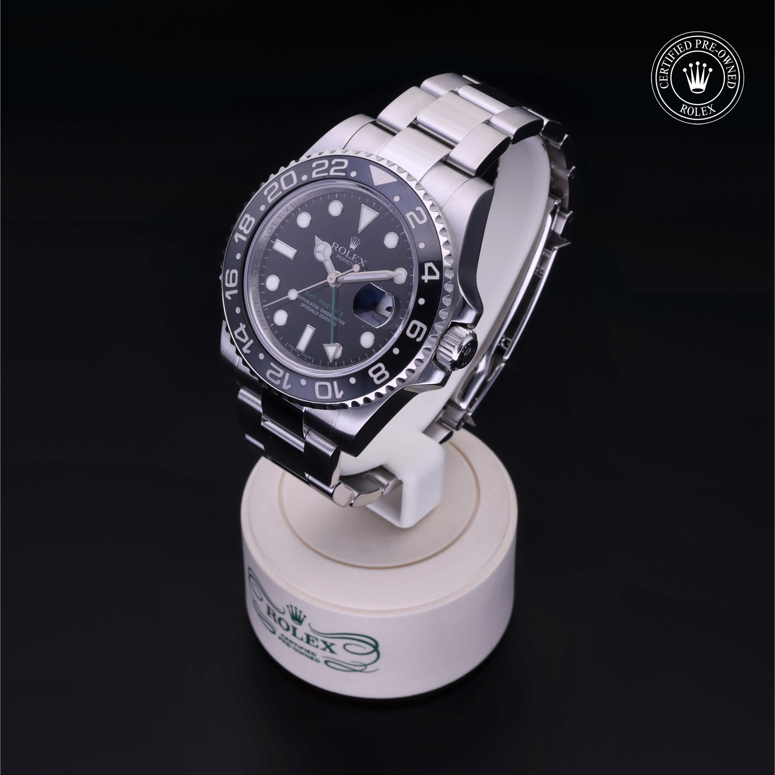 Rolex Certified Pre-owned GMT M116710LN-0001 front on black background