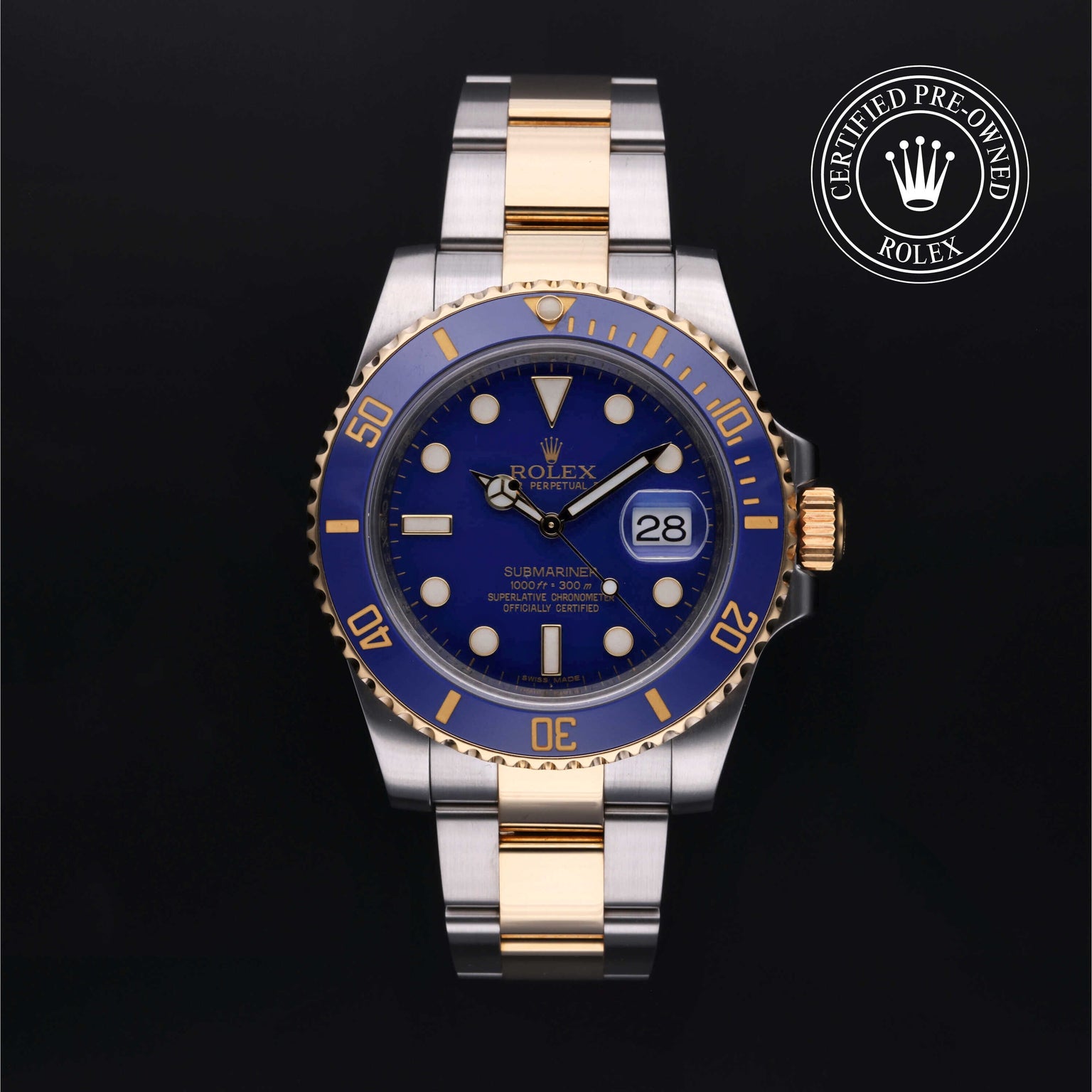 Rolex Certified Pre-owned Submariner M116613LB-0001 front on black background