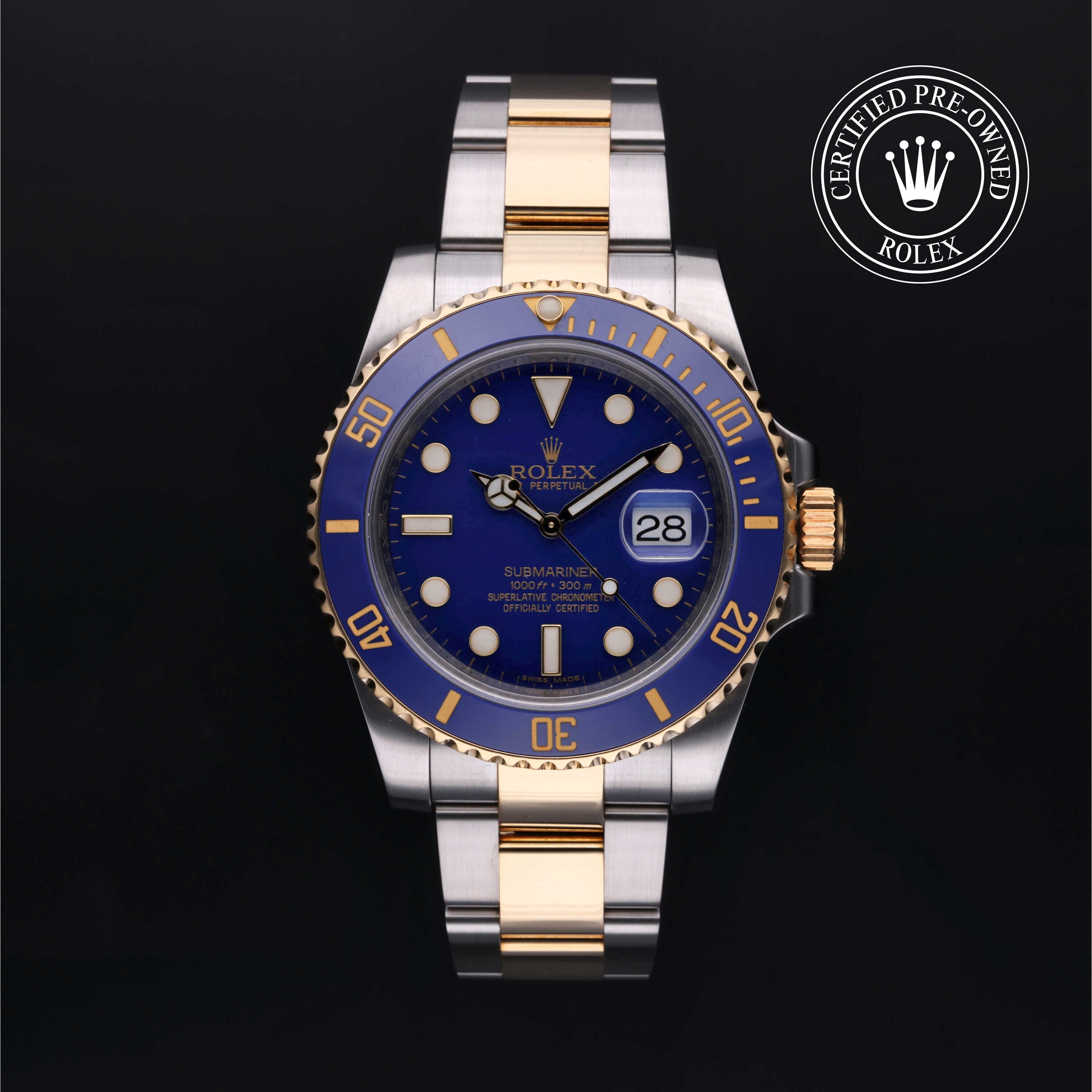 Rolex Certified Pre-owned Submariner M116613LB-0001 front on black background