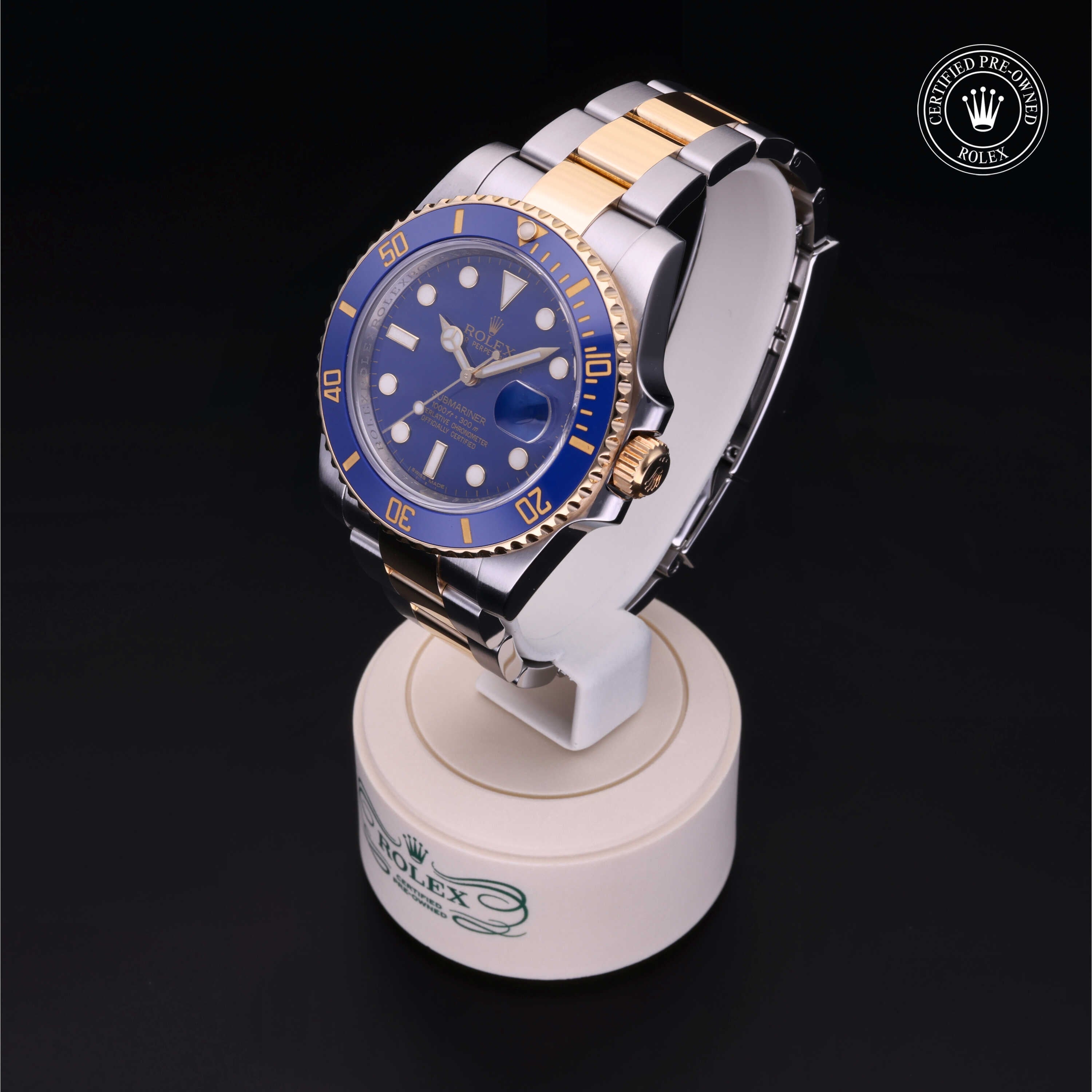 Rolex Certified Pre-owned Submariner M116613LB-0001 front on black background