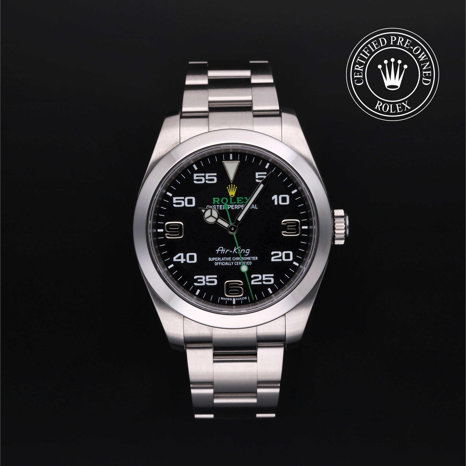 Rolex Certified Pre-owned Air-King M116900-0001 front on black background