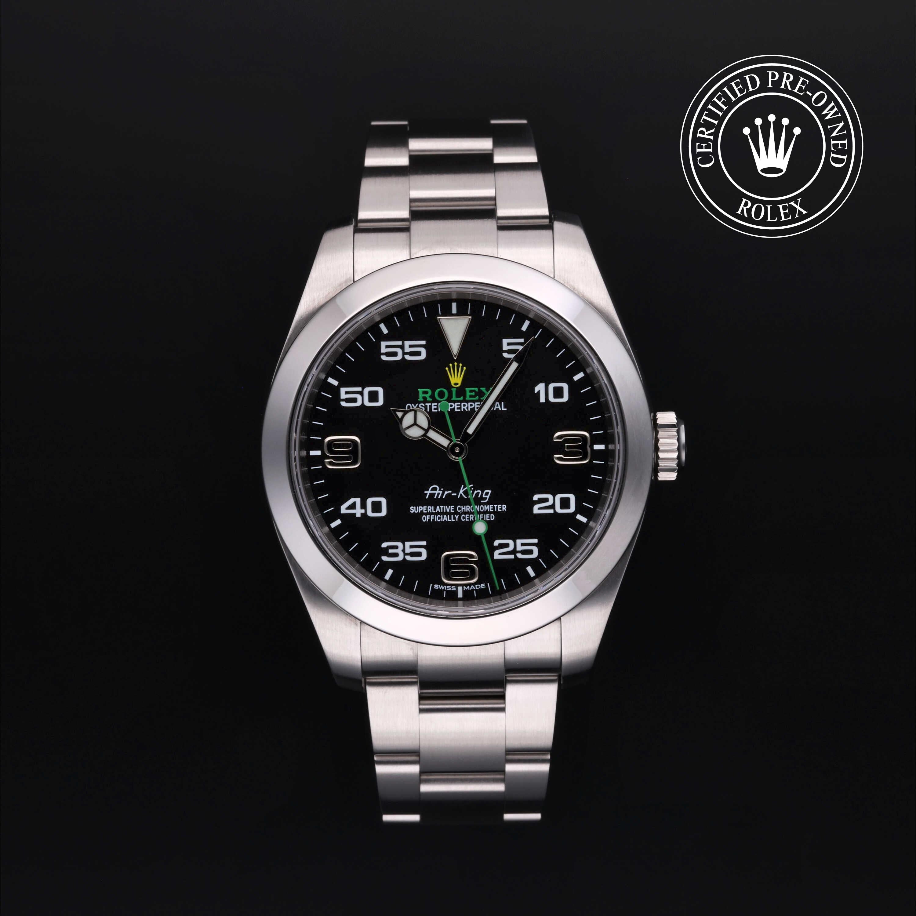 Rolex Certified Pre-owned Air-King M116900-0001 front on black background