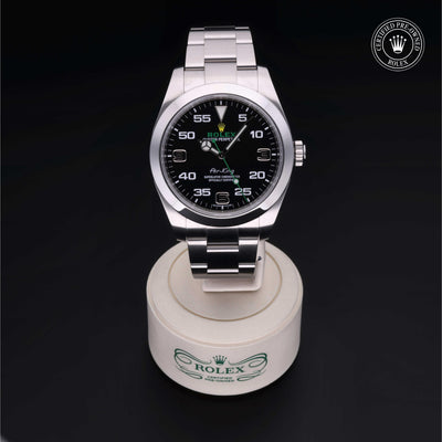Rolex Certified Pre-owned Air-King M116900-0001 front on black background