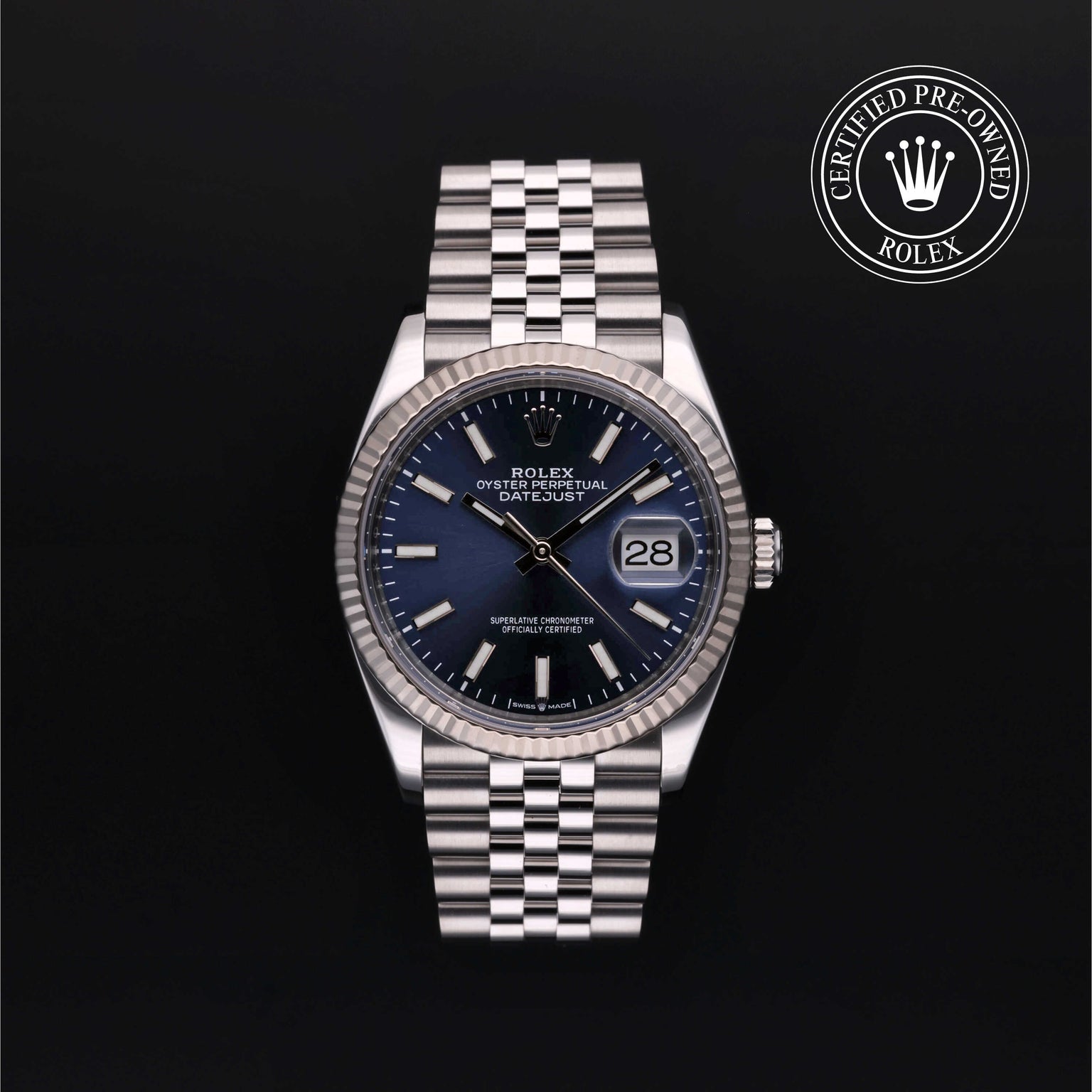 Rolex Certified Pre-owned Datejust M126234-0017 front on black background