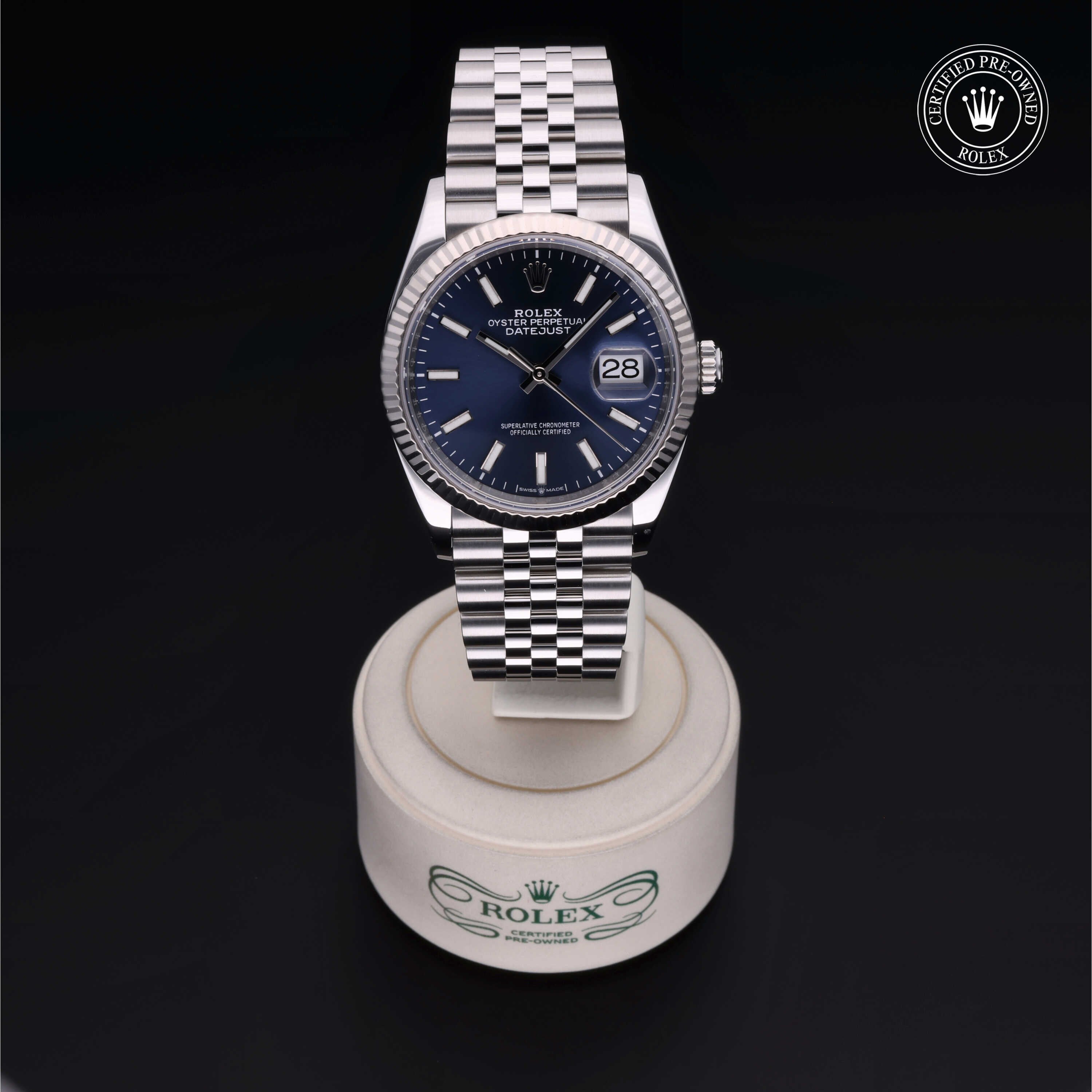 Rolex Certified Pre-owned Datejust M126234-0017 front on black background