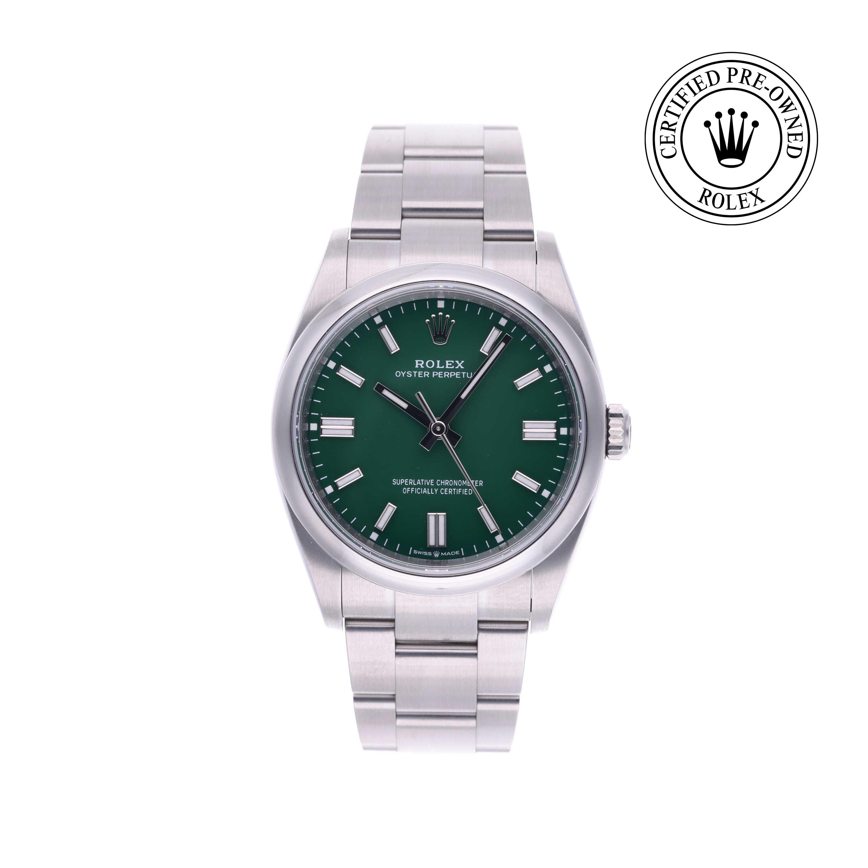 Rolex CPO Oyster Perpetual M126000 front on white background