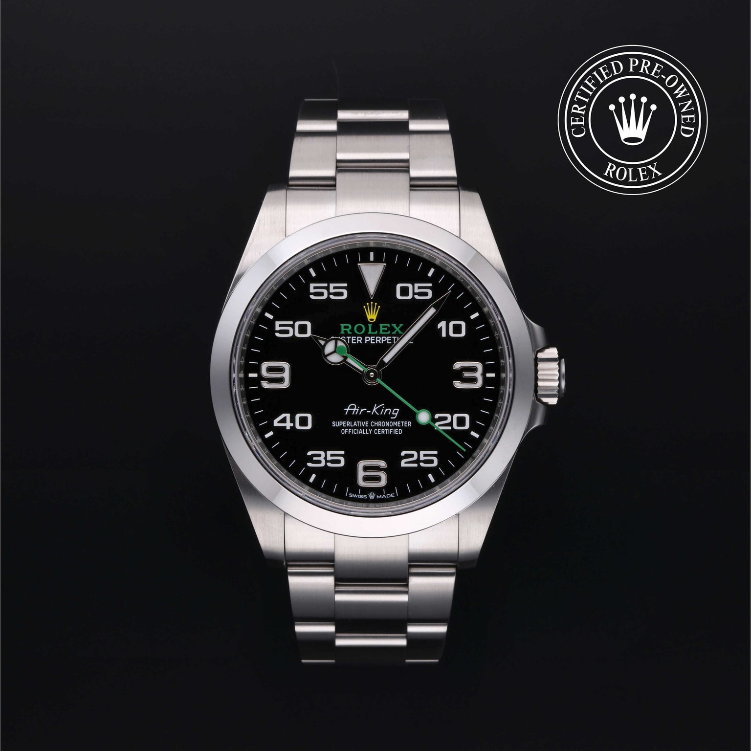 Rolex Certified Pre-owned Air-King M126900-0001 front on black background