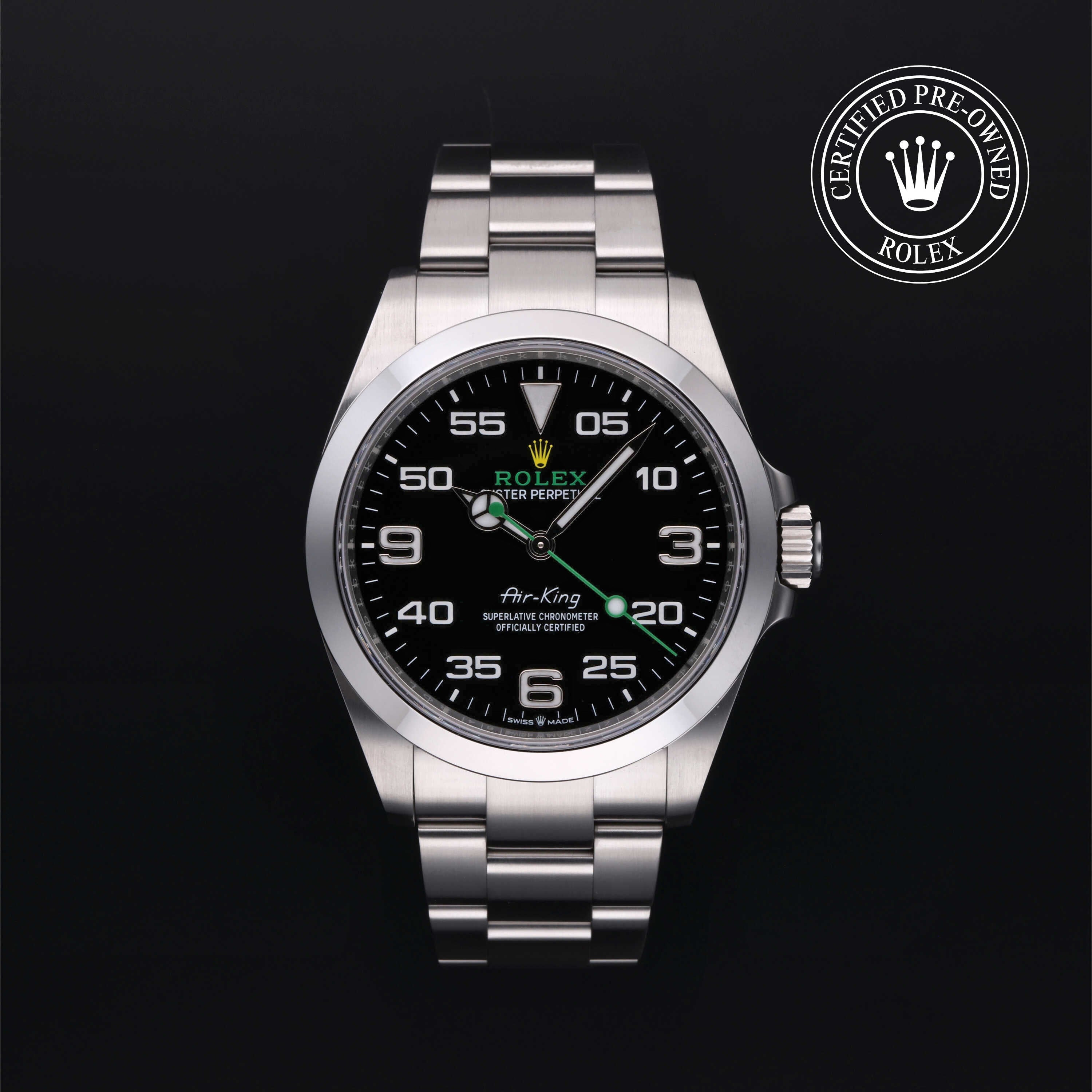 Rolex Certified Pre-owned Air-King M126900-0001 front on black background