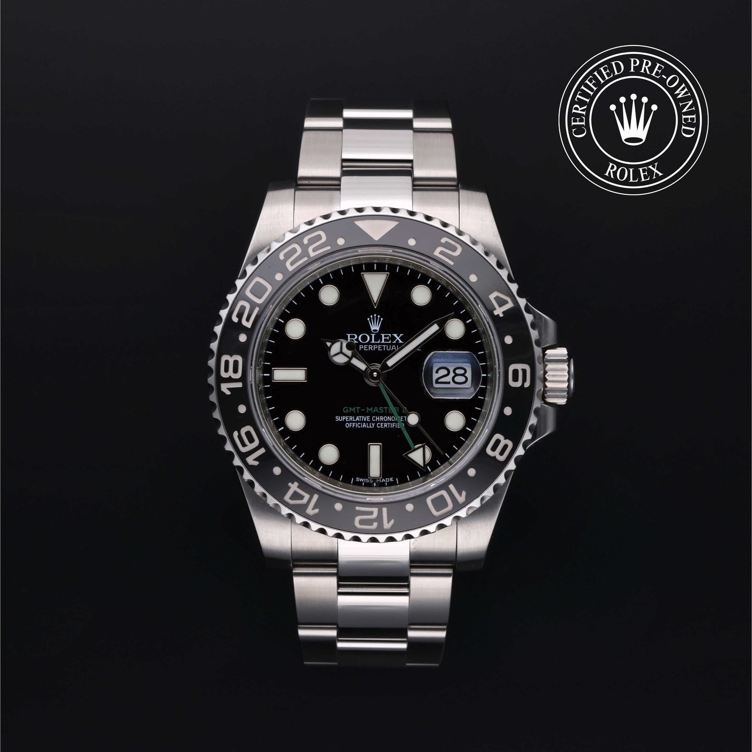 Rolex Certified Pre-owned GMT M116710LN-0001 front on black background