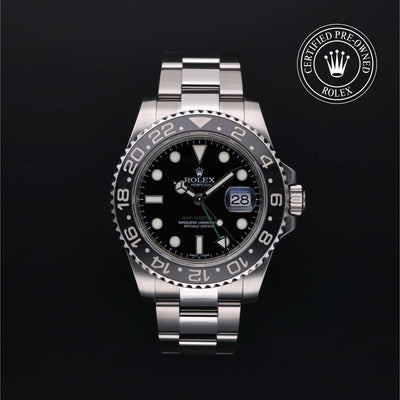 Rolex Certified Pre-owned GMT M116710LN-0001 front on black background