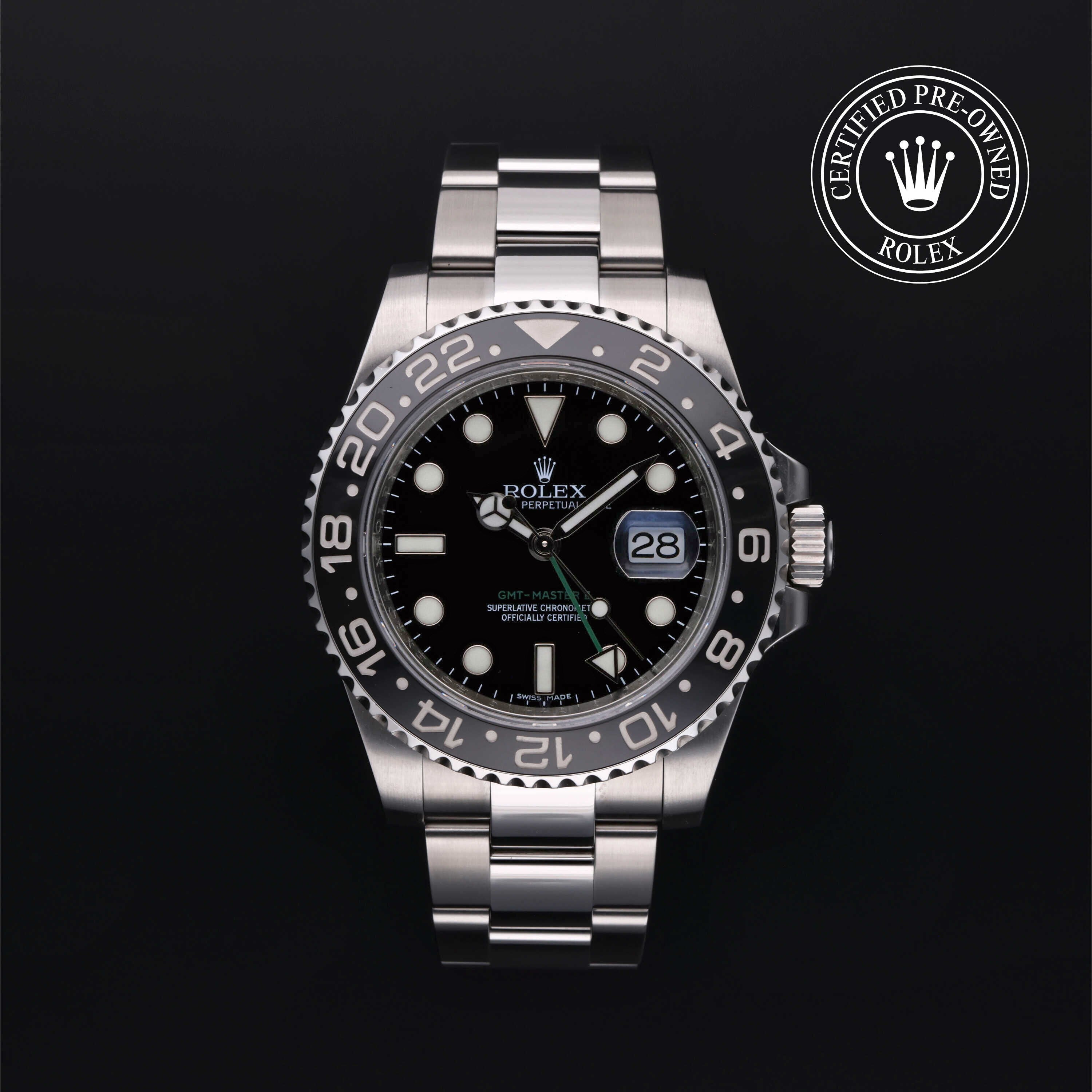 Rolex Certified Pre-owned GMT M116710LN-0001 front on black background
