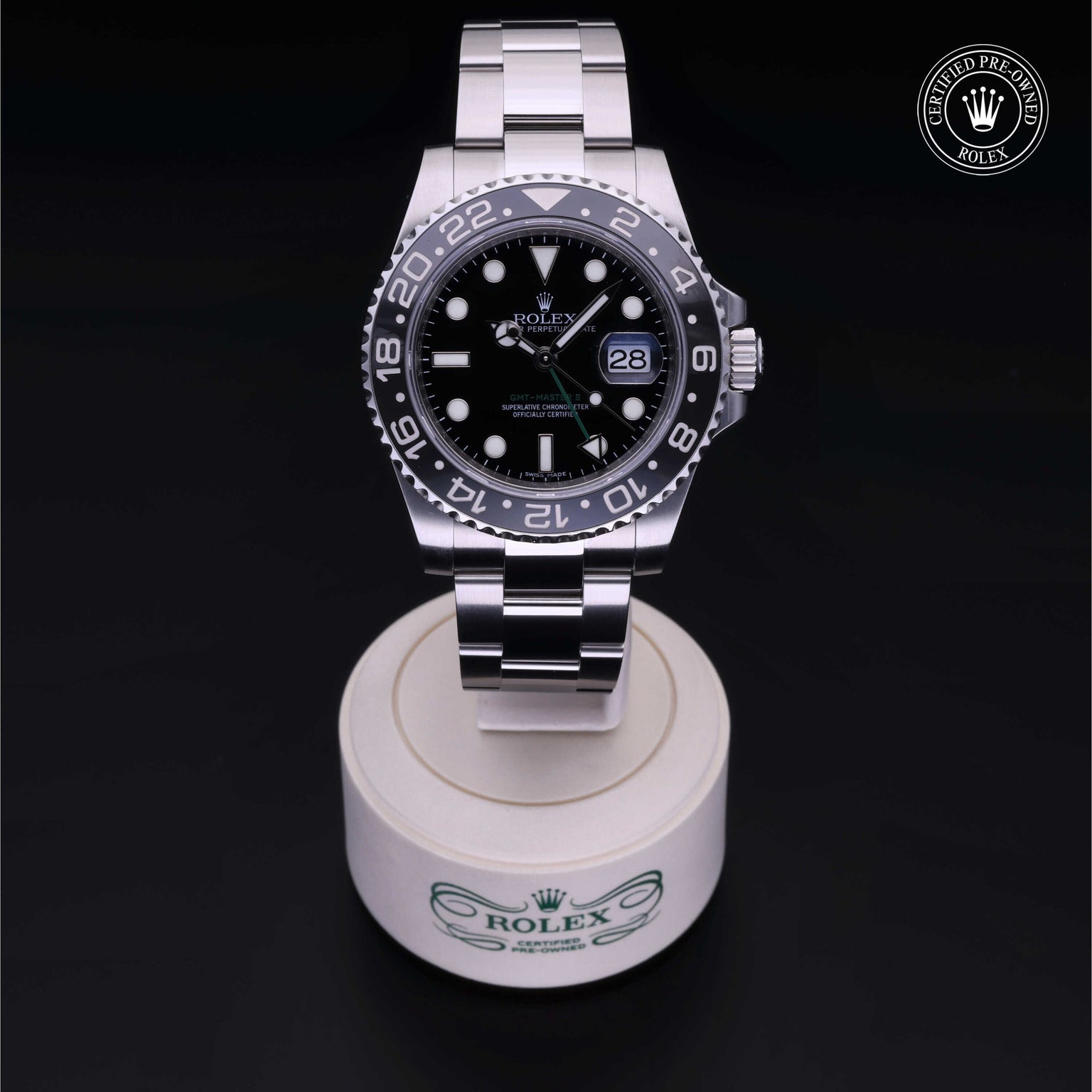 Rolex Certified Pre-owned GMT M116710LN-0001 front on black background