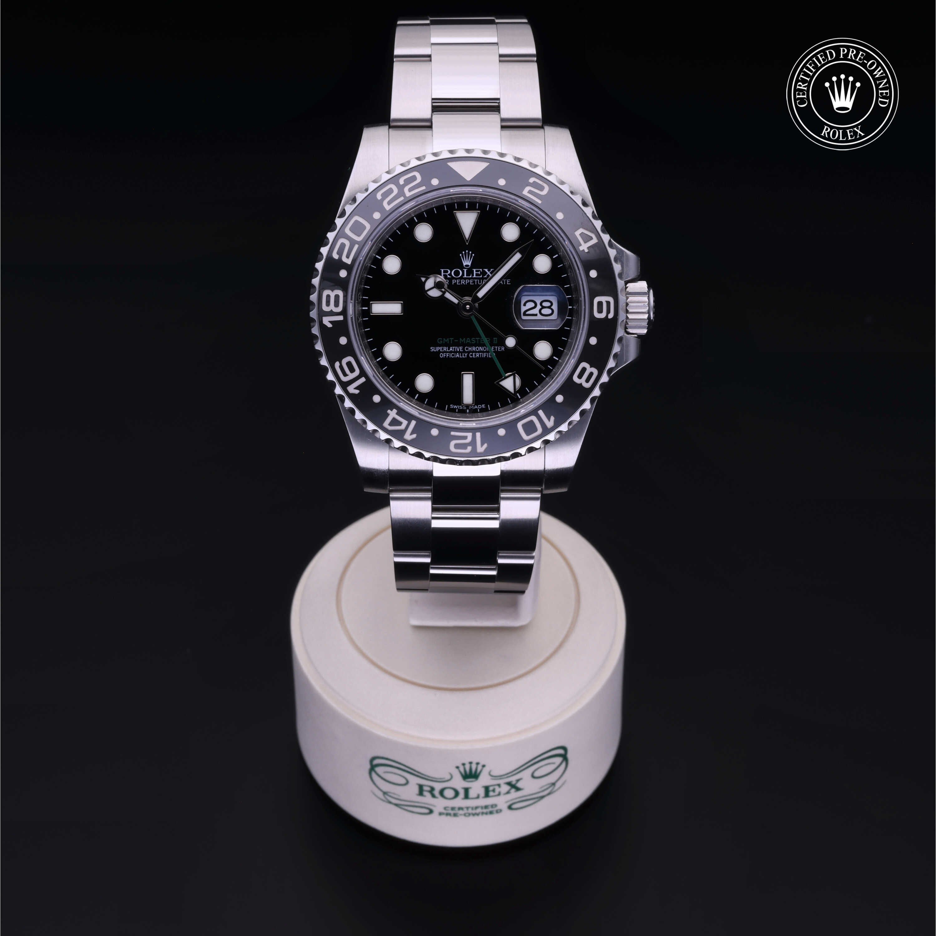 Rolex Certified Pre-owned GMT M116710LN-0001 front on black background