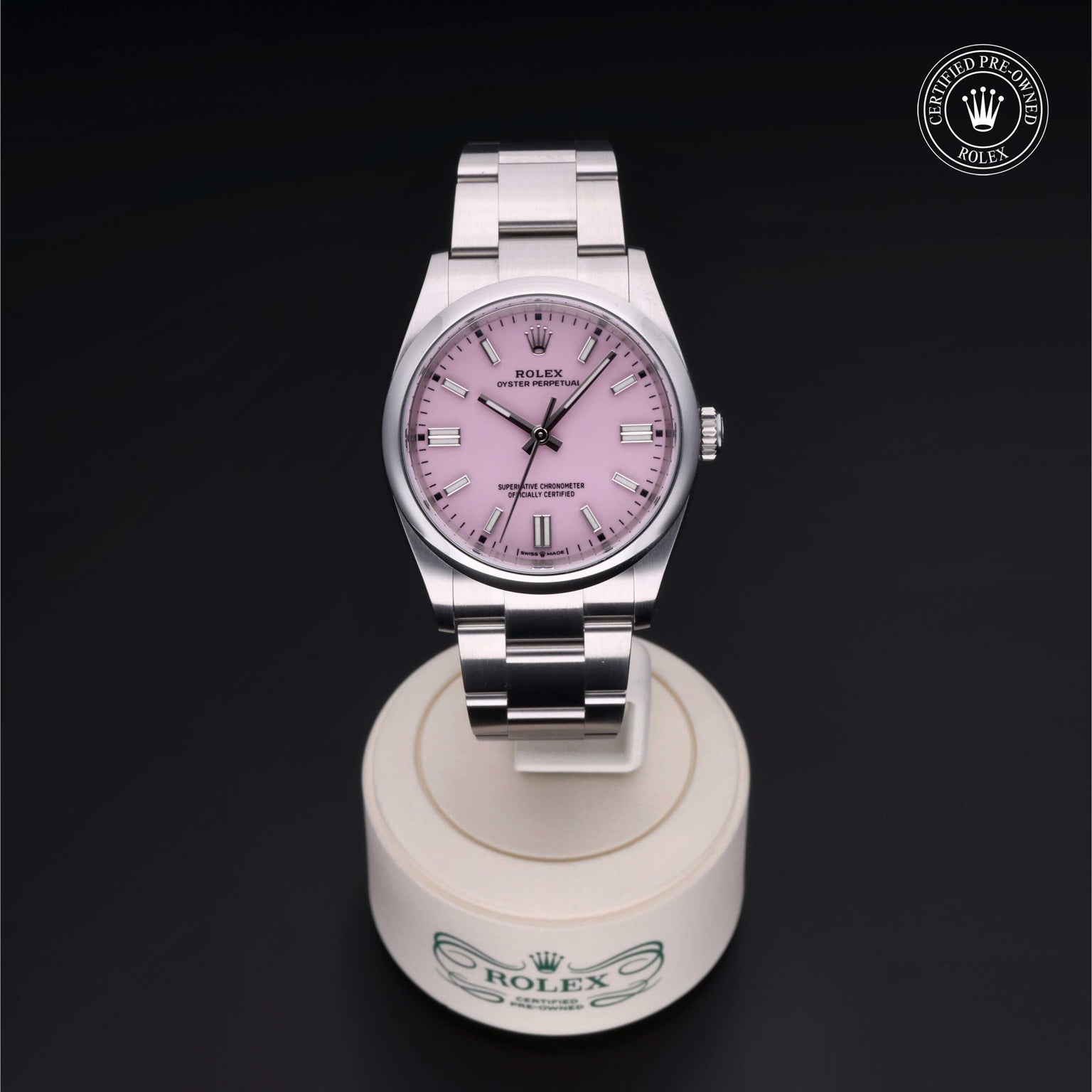 Rolex Certified Pre-owned Oyster Perpetual M126000-0008 front on black background