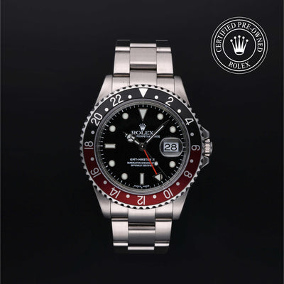 Rolex Certified Pre-owned GMT M16710-0005 front on black background