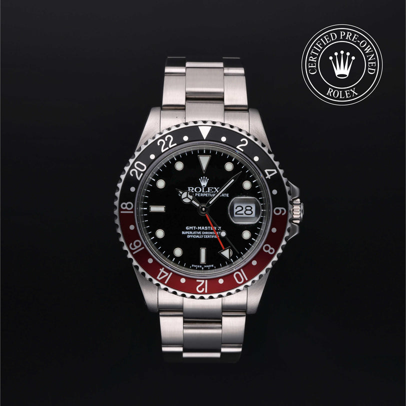 Rolex Certified Pre-owned GMT M16710-0005 front on black background