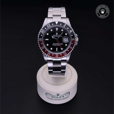 Rolex Certified Pre-owned GMT M16710-0005 front on black background