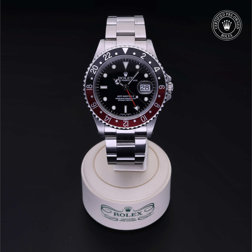 Rolex Certified Pre-owned GMT M16710-0005 front on black background