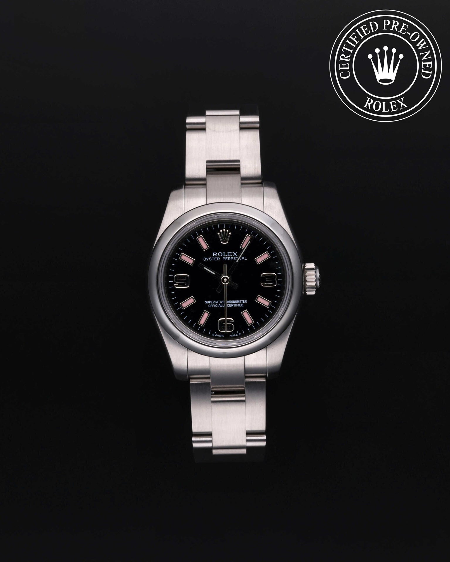 Rolex Certified Pre-owned Oyster Perpetual M176200-0009 front on black background