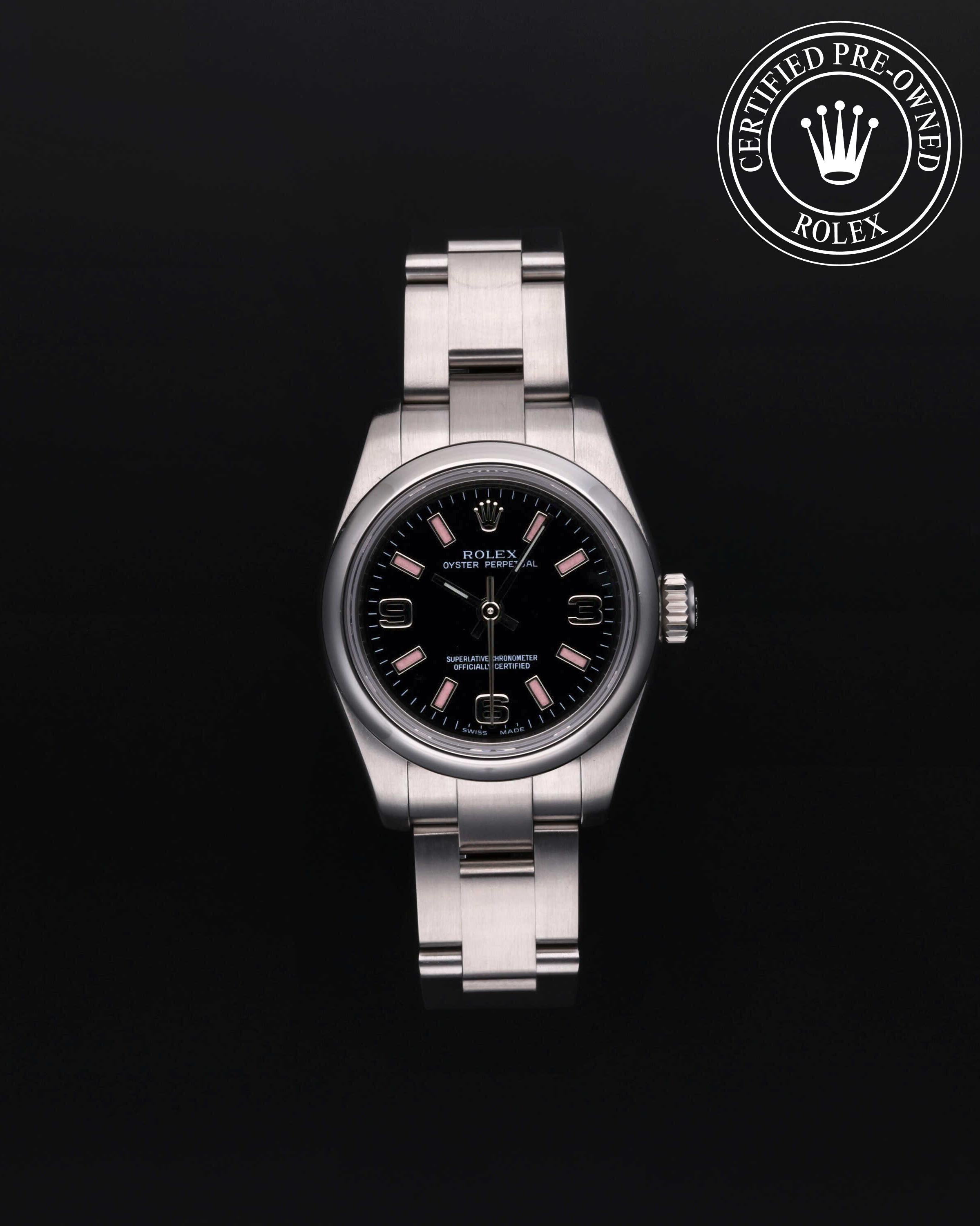 Rolex Certified Pre-owned Oyster Perpetual M176200-0009 front on black background