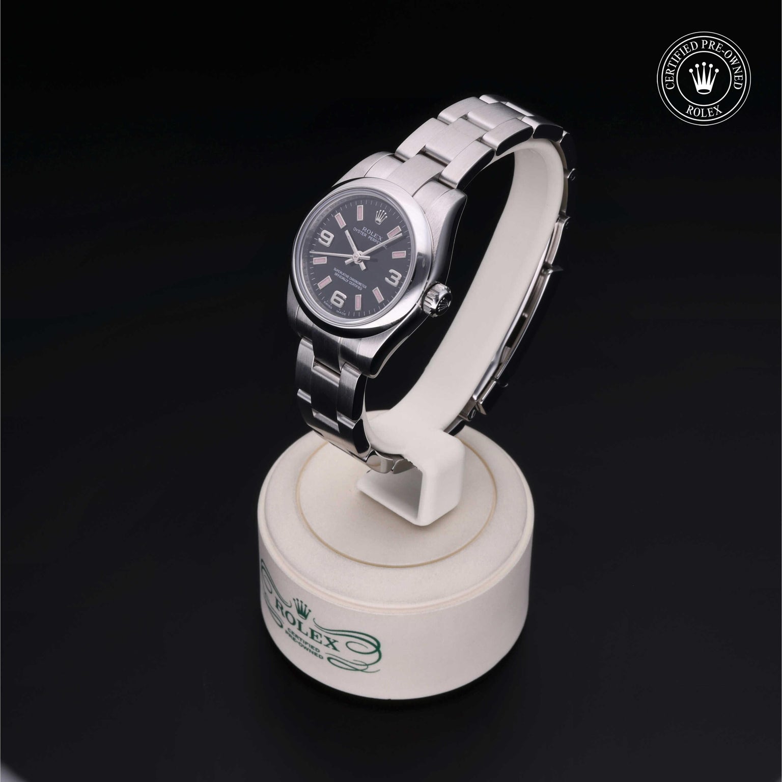 Rolex Certified Pre-owned Oyster Perpetual M176200-0009 front on black background