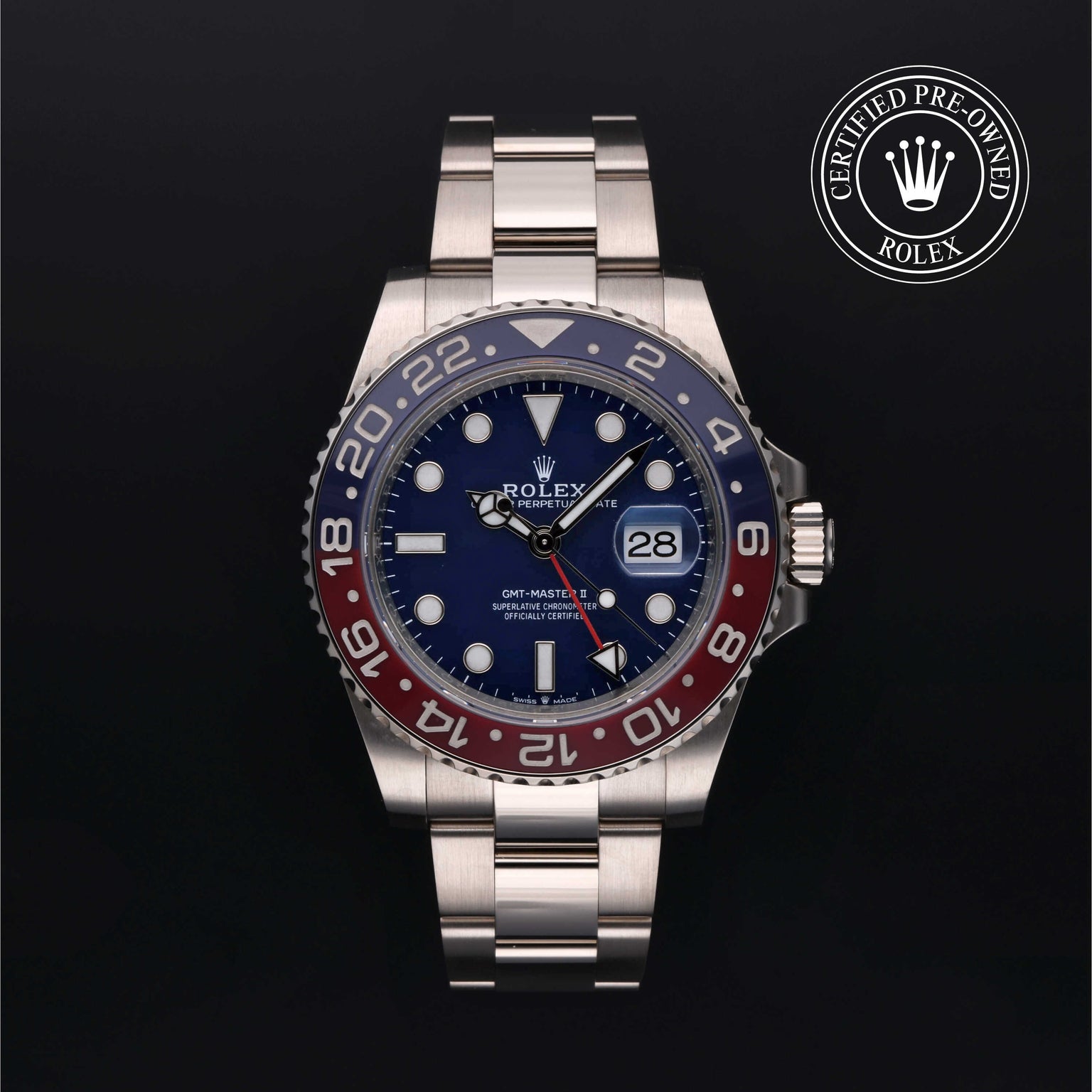 Rolex Certified Pre-owned GMT M126719BLRO-0003 front on black background
