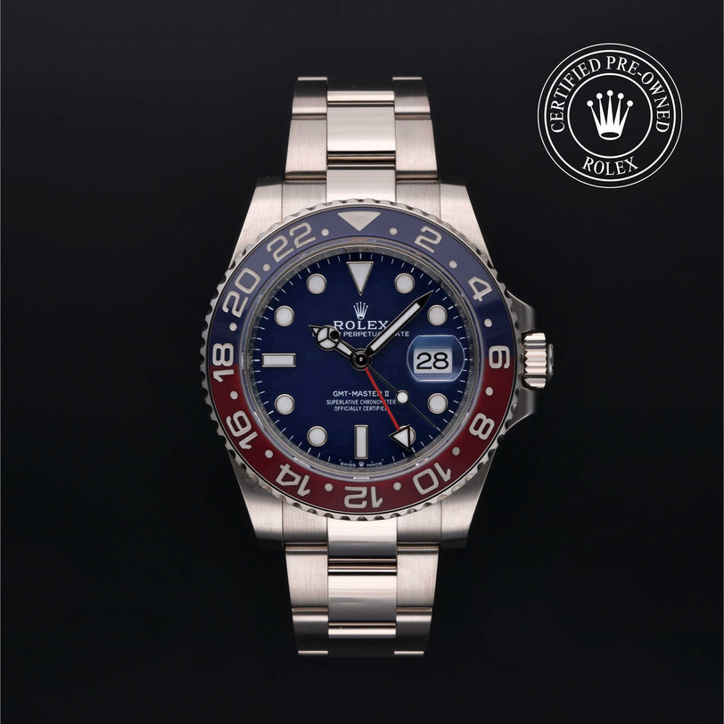 Rolex Certified Pre-owned GMT M126719BLRO-0003 front on black background