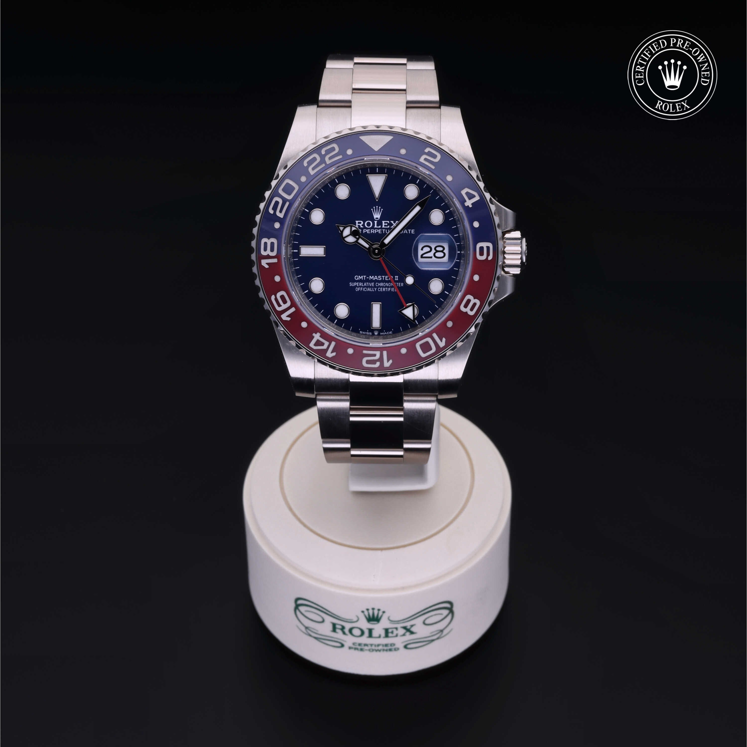 Rolex Certified Pre-owned GMT M126719BLRO-0003 front on black background